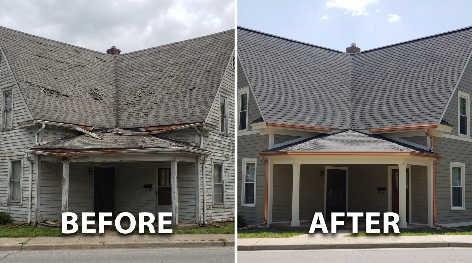 Before and after roof and gutter replacement