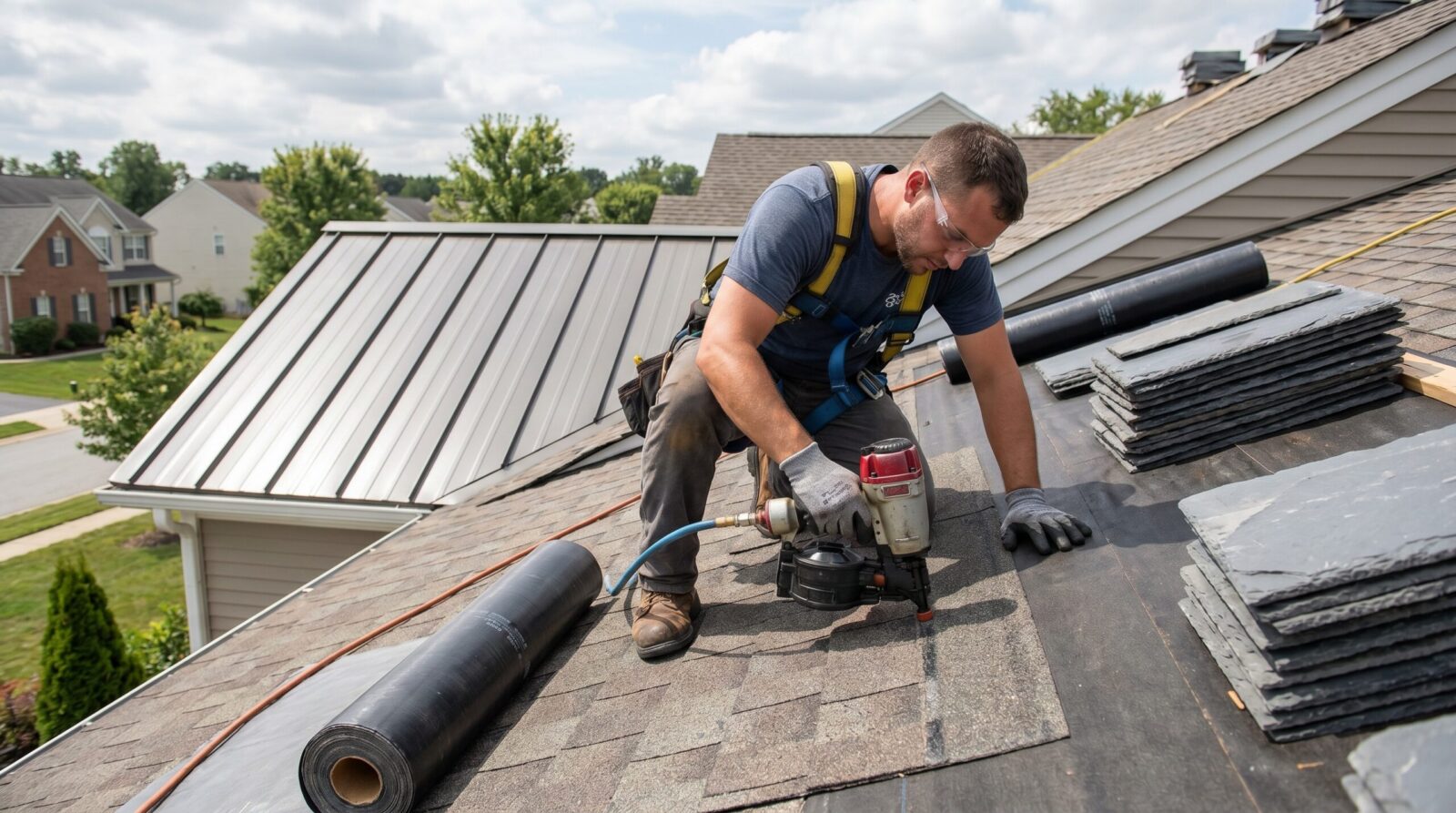 professional roofer installing various roofing materials