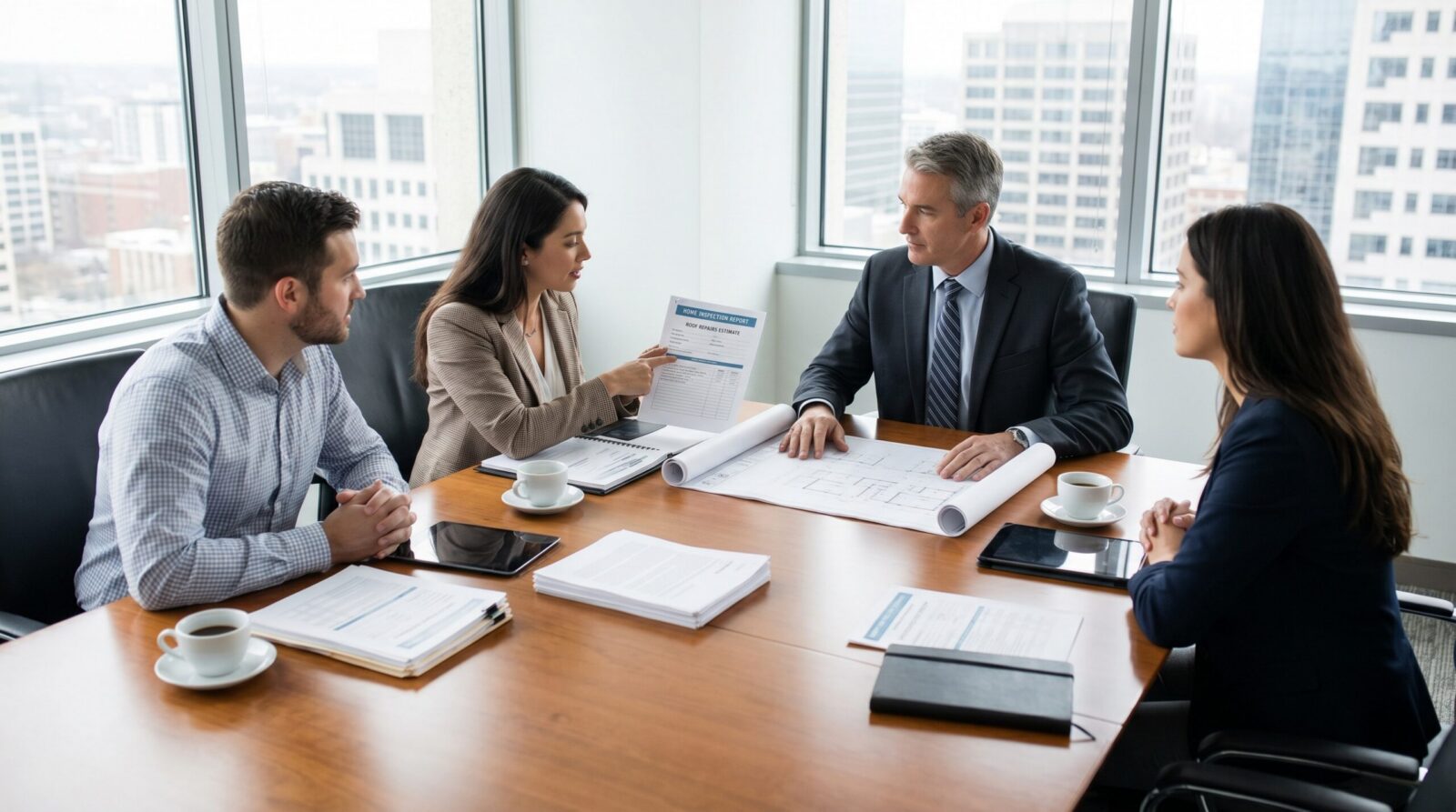 Real estate negotiation meeting between buyer and seller discussing roof repairs