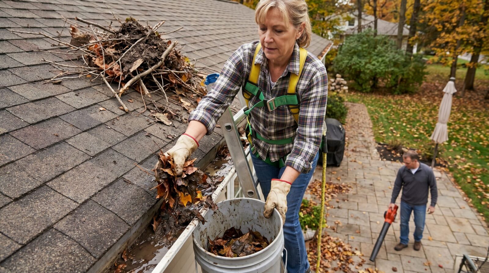 Homeowner cleaning gutters and removing debris from roof
