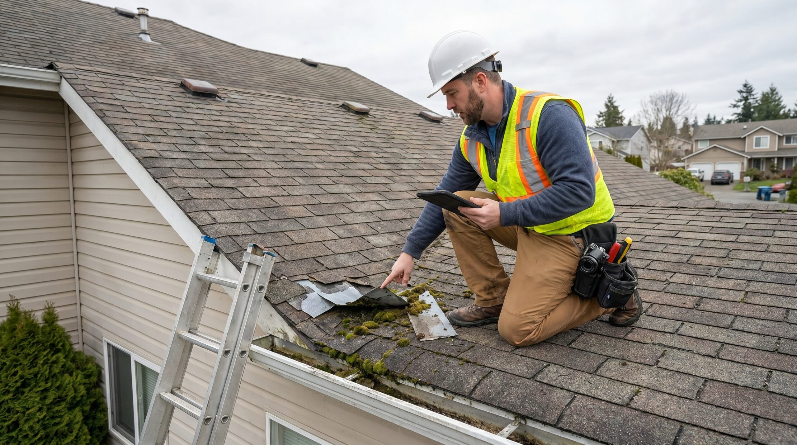Contractor inspecting roof for damage and maintenance issues
