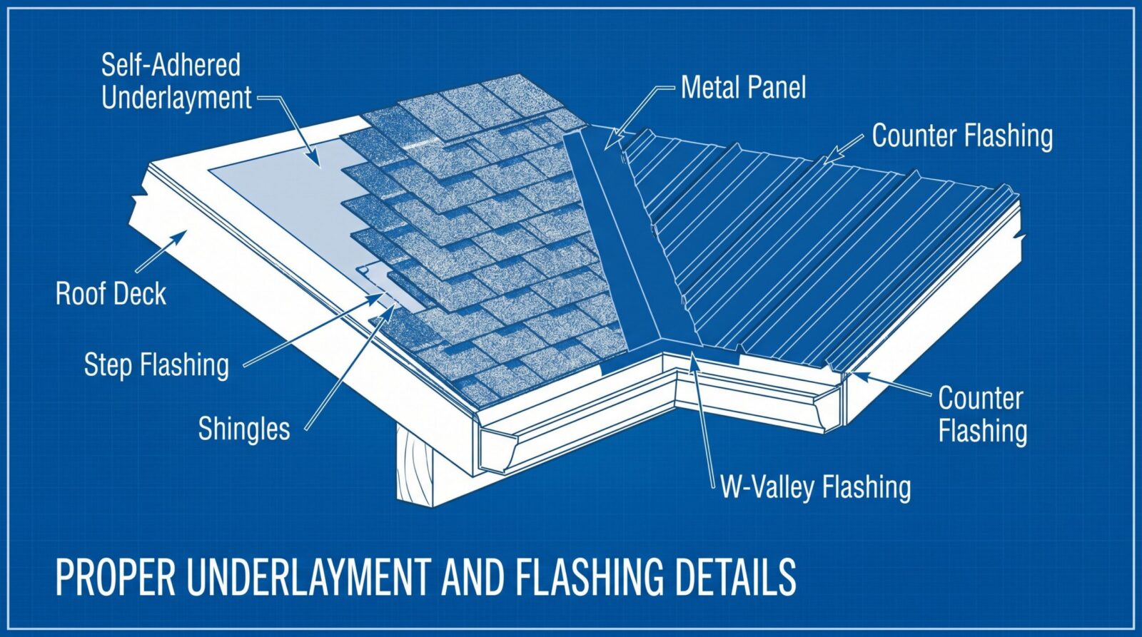 cross-section diagram showing proper underlayment and flashing at metal-to-shingle transition