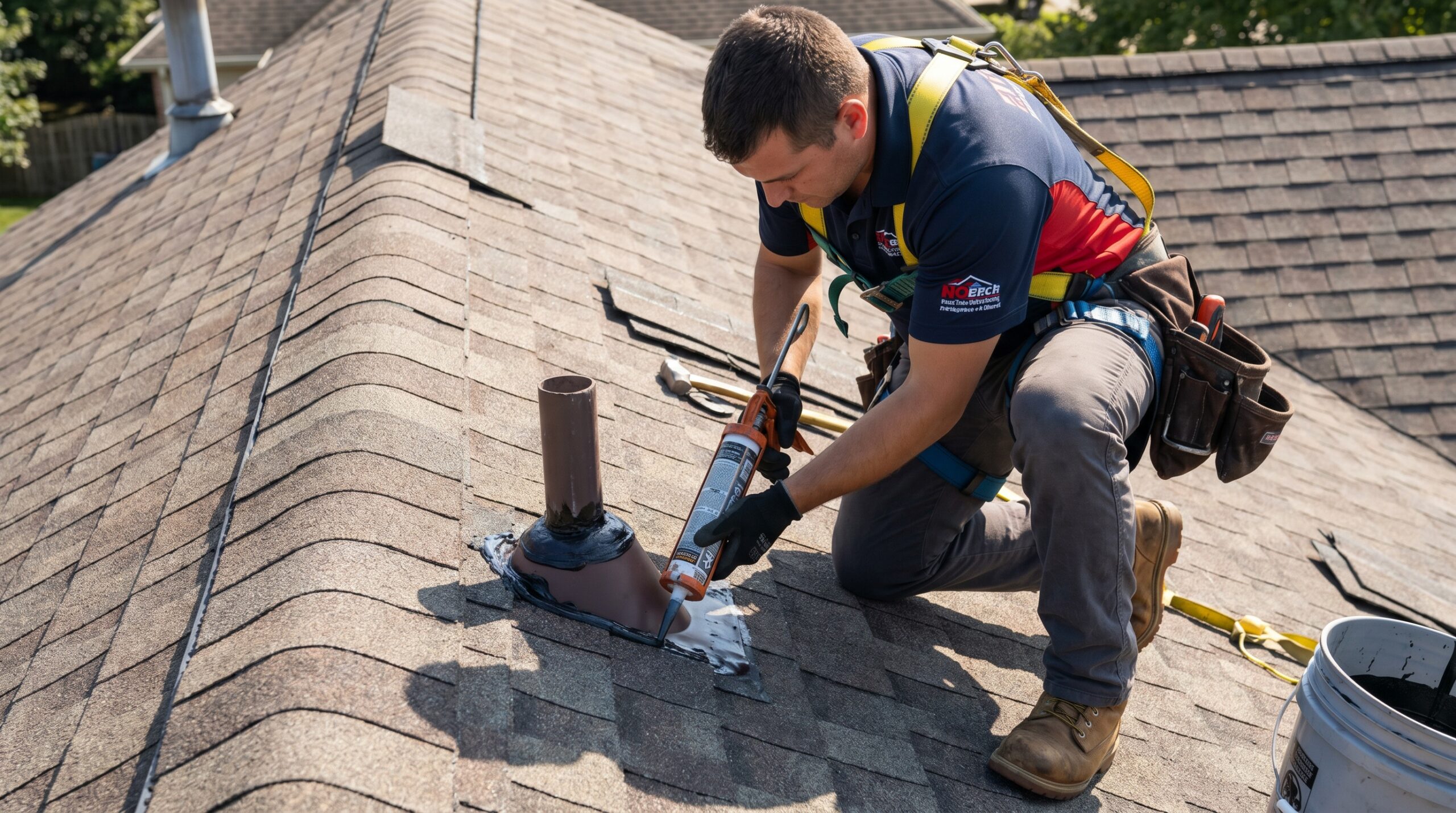 Professional roofer applying proper sealant to shingle