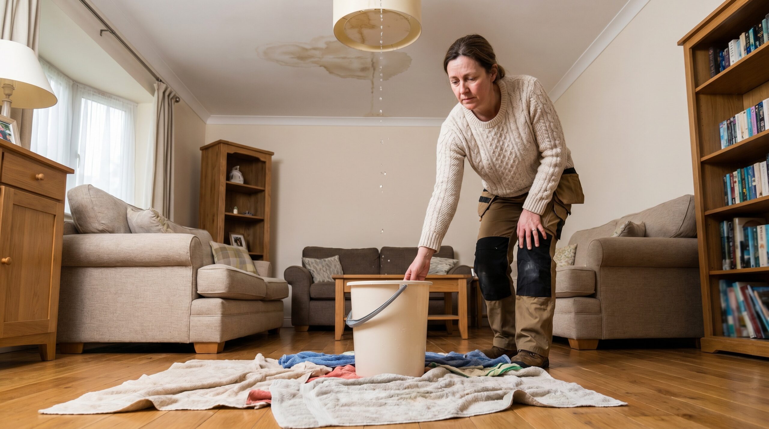 homeowner placing bucket under ceiling leak with towels spread around