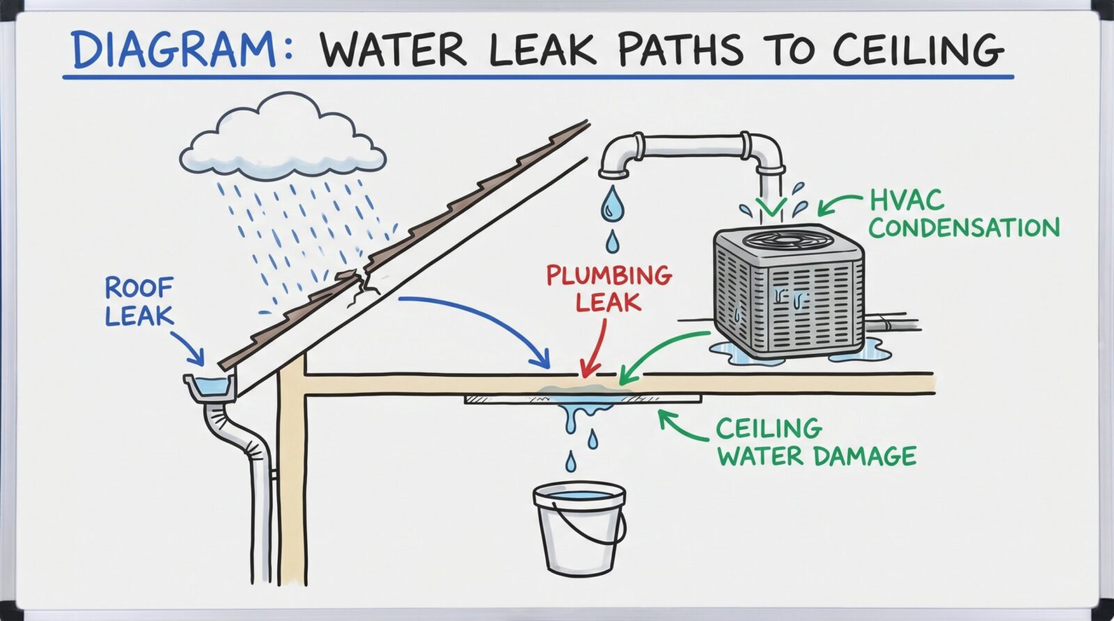 diagram showing water paths from roof, plumbing, and HVAC systems to ceiling