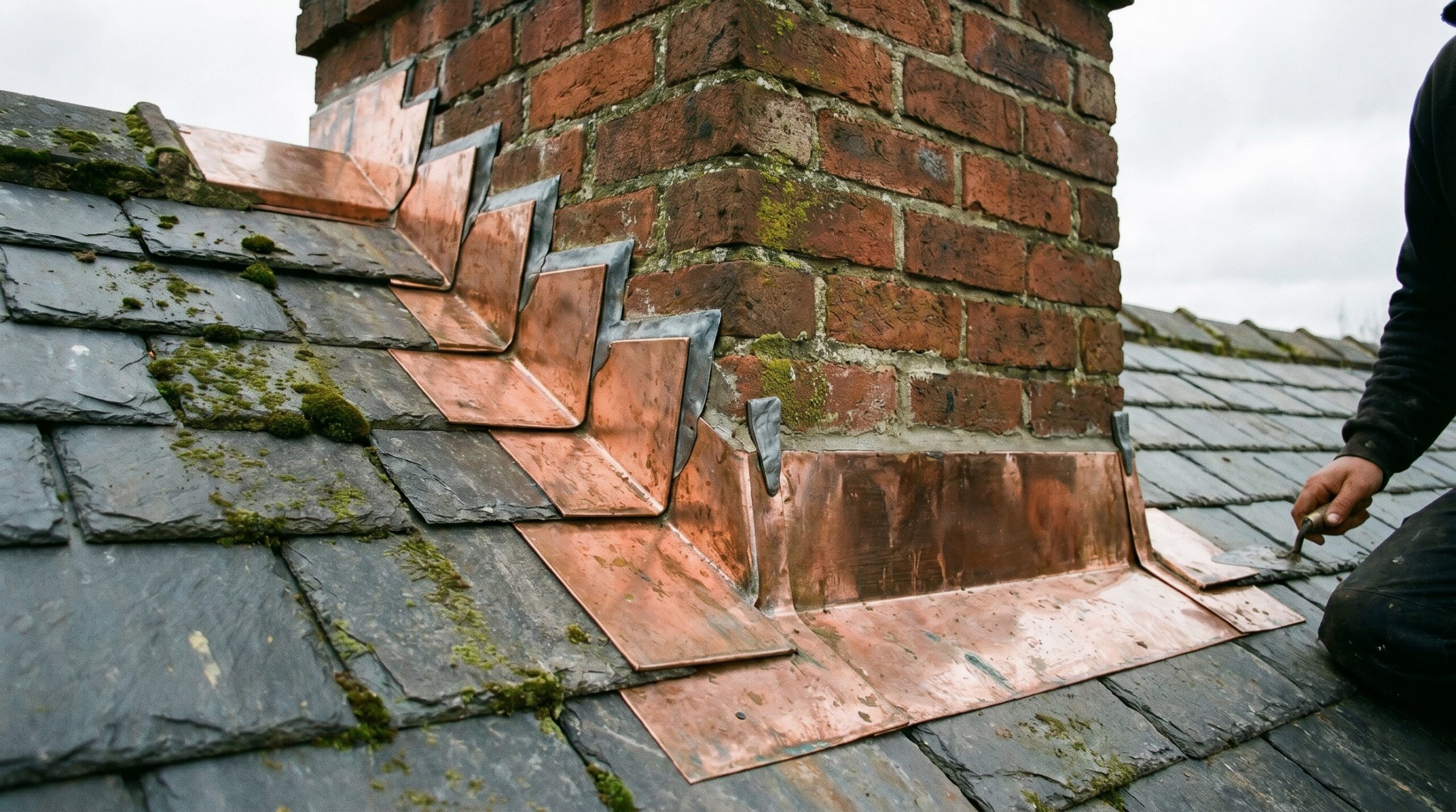 detailed photo showing flashing installation around a chimney