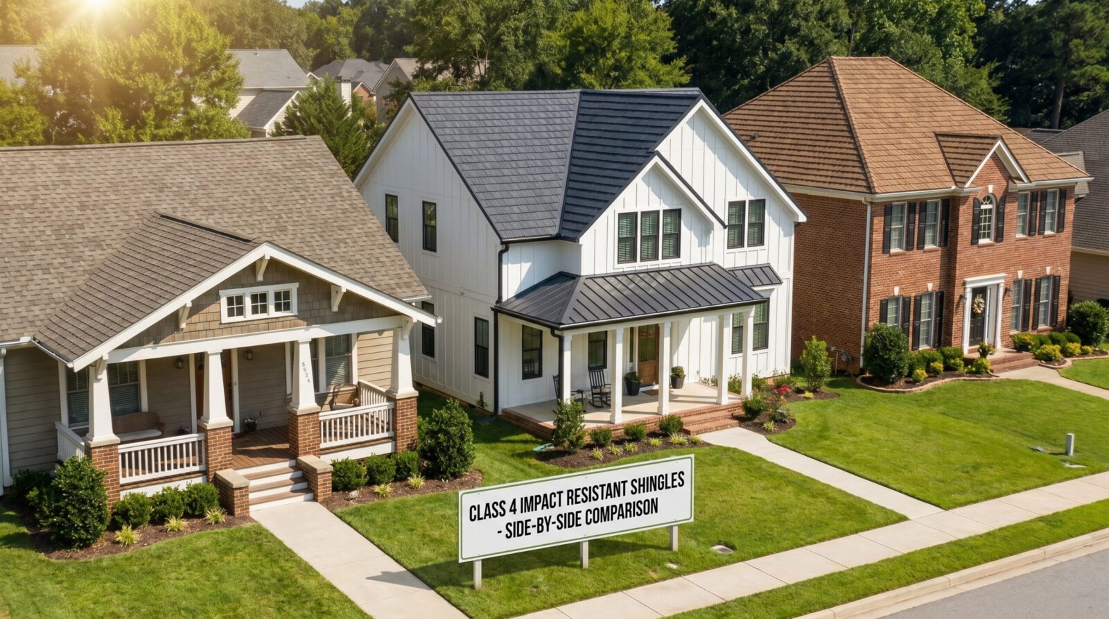 Side-by-side comparison of different Class 4 shingle styles on residential homes