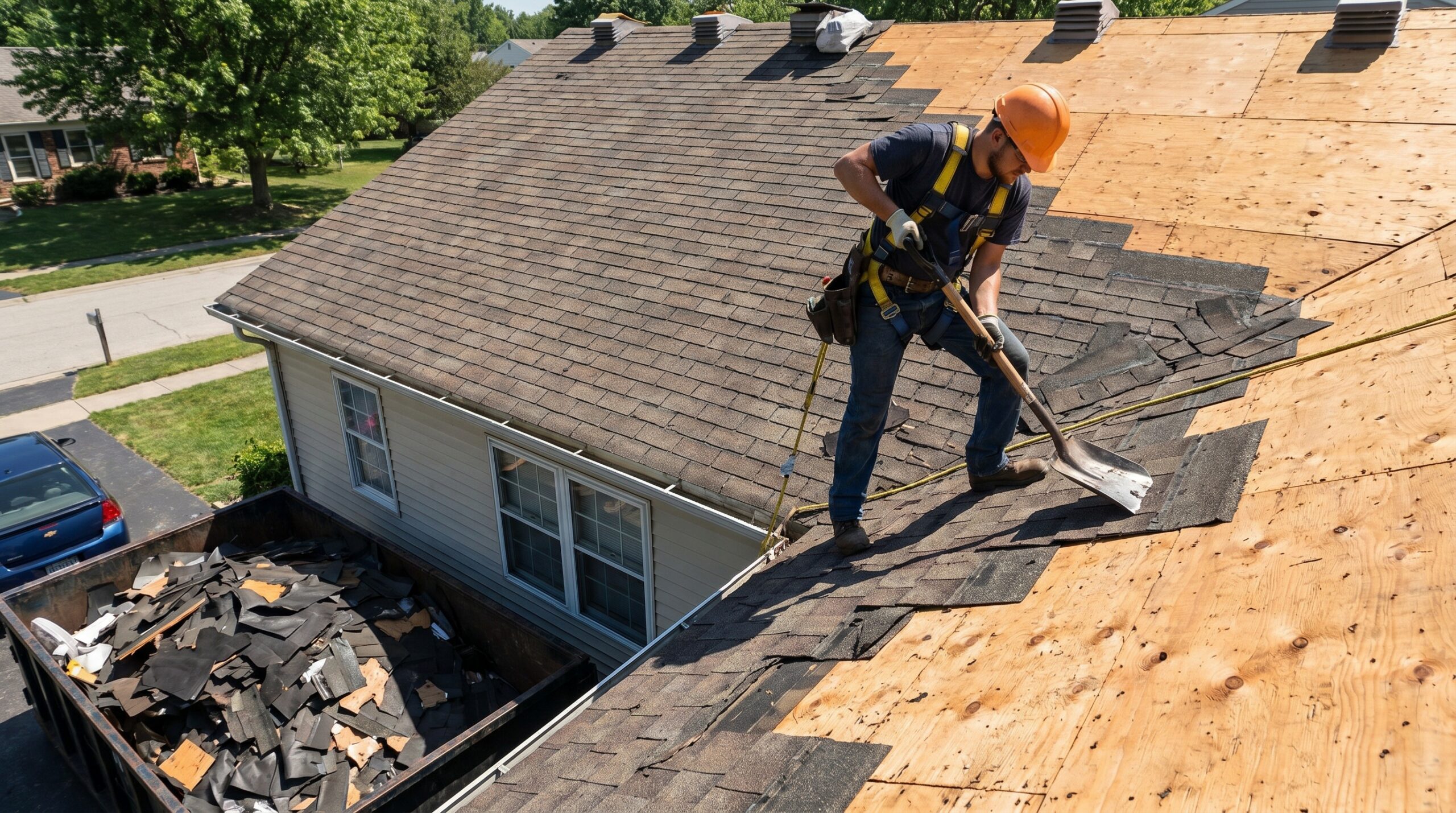 Roofer removing old shingles showing tear off process