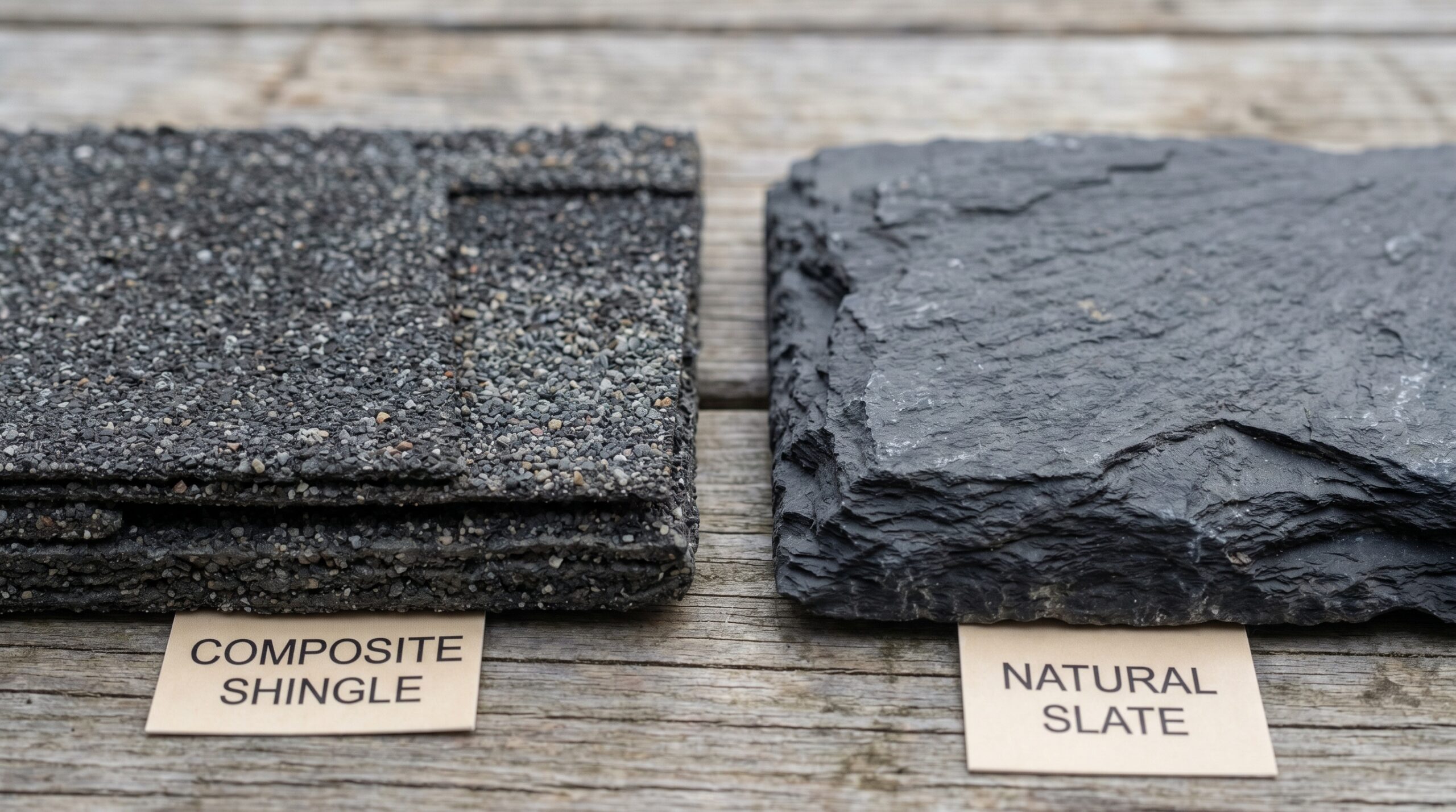 Close-up comparison composite shingle next to natural slate showing texture similarity