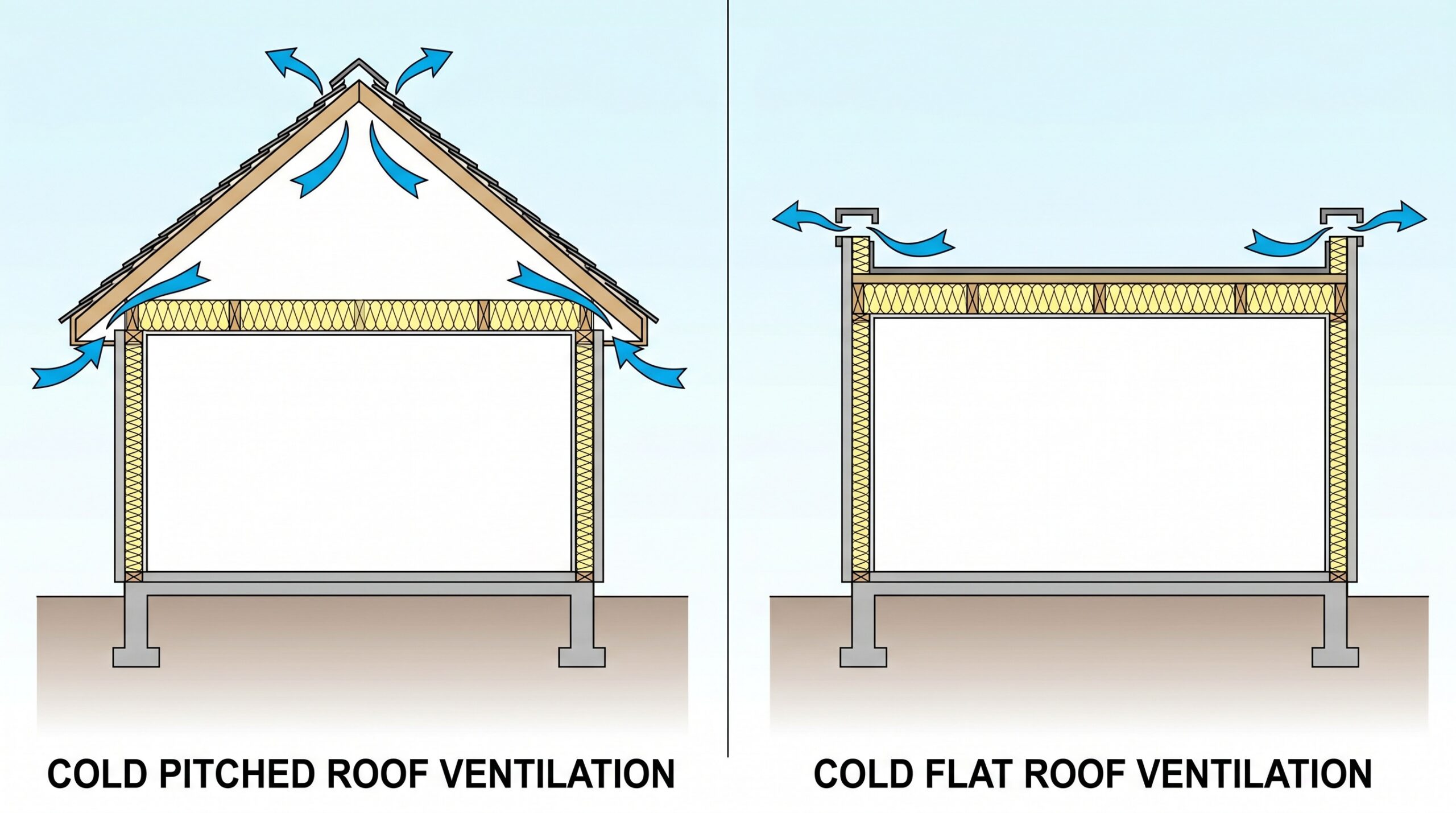 Comparison diagram of cold pitched roof versus cold flat roof ventilation systems