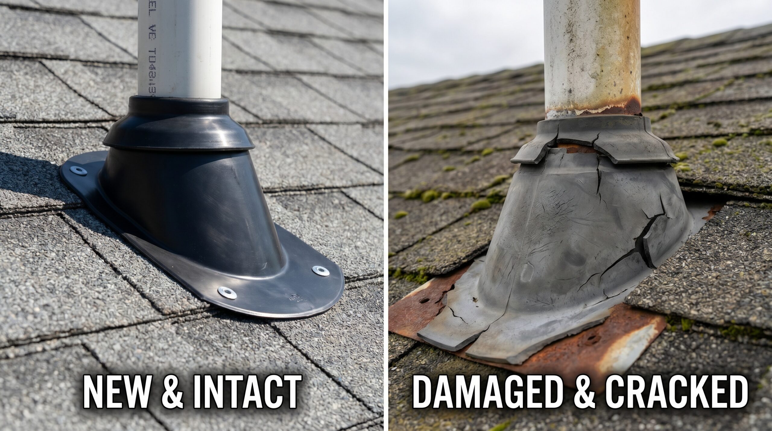 Comparison of new vs cracked roof boot showing damage