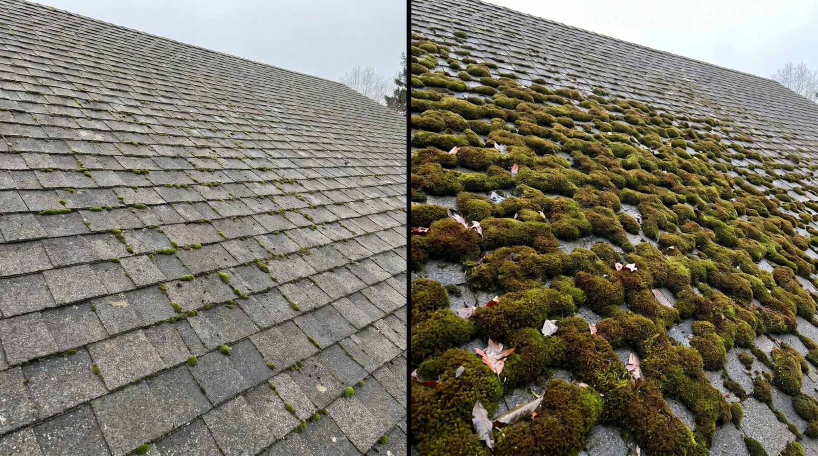 comparison of light moss versus heavy moss coverage on roof
