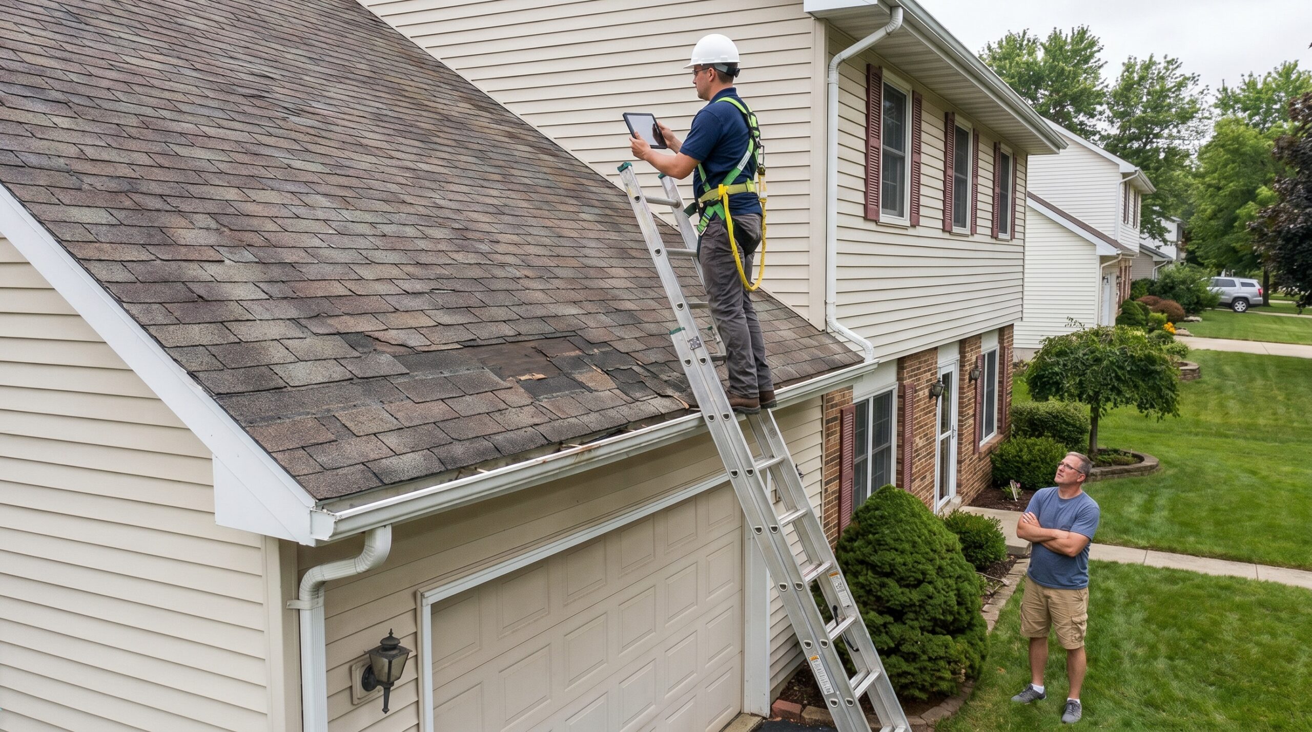 roofing contractor on ladder inspecting roof damage while homeowner watches from ground