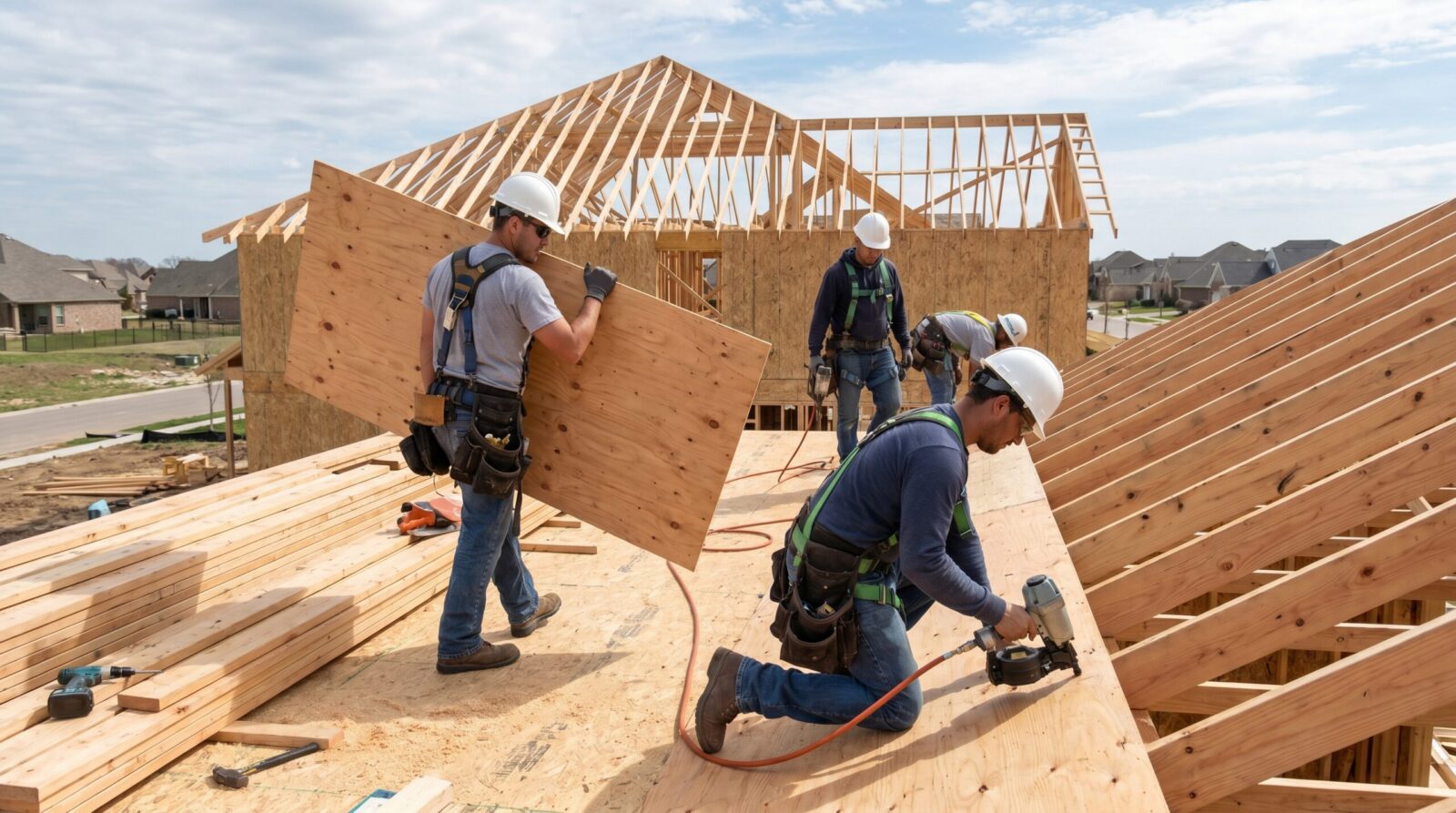 Roofing contractor installing new plywood decking on roof rafters
