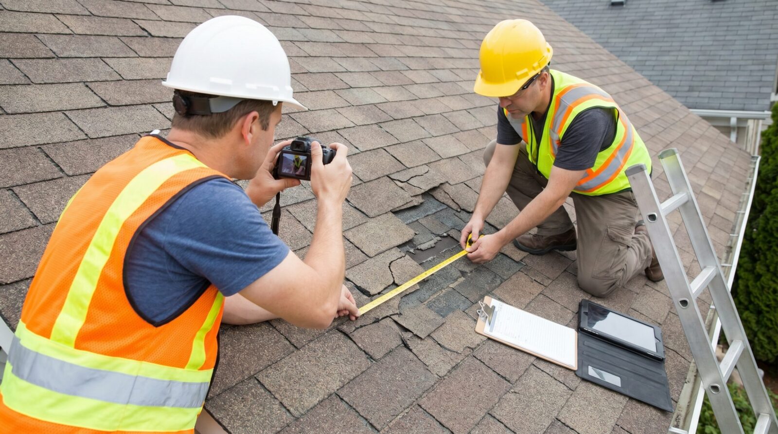 contractor on roof documenting damage with camera and measuring tools