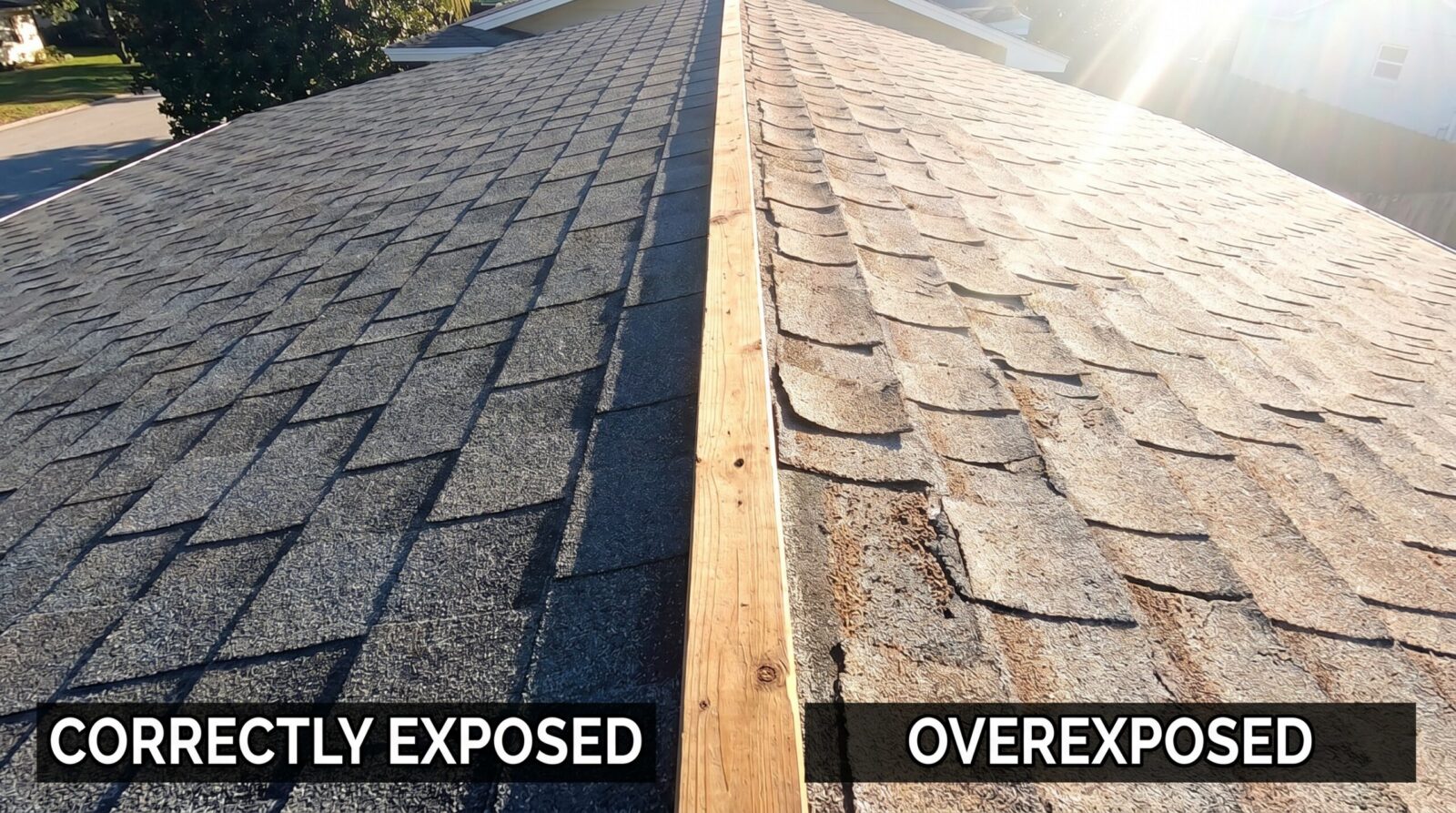 Side-by-side comparison showing correctly exposed shingles versus overexposed shingles with visible problems