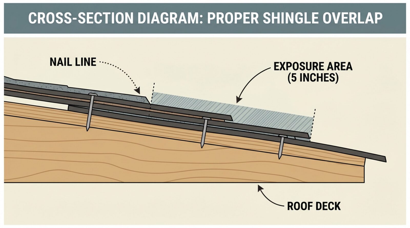 Cross-section diagram showing proper shingle overlap with labeled exposure area and nail line