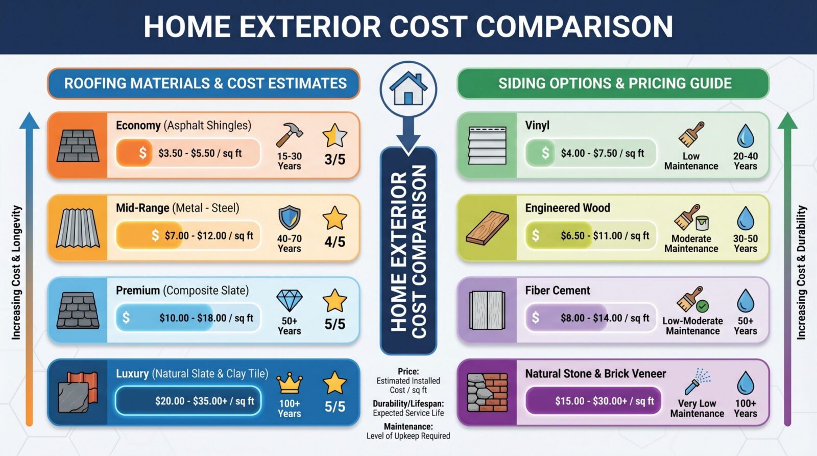 Cost comparison chart for roof and siding materials