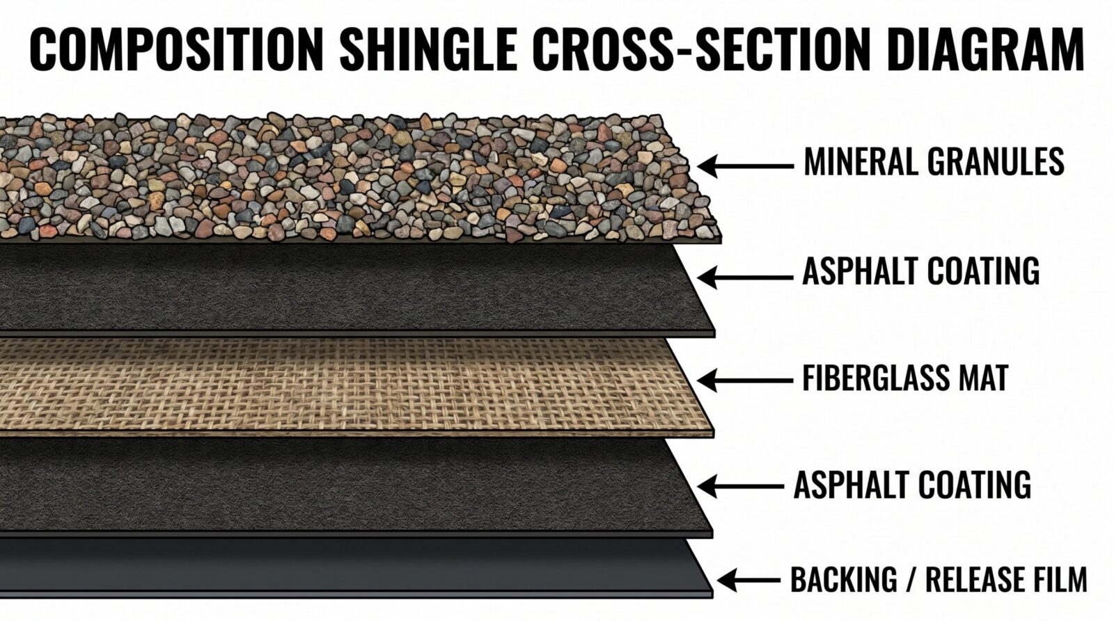 cross section diagram showing composition shingle layers fiberglass asphalt granules