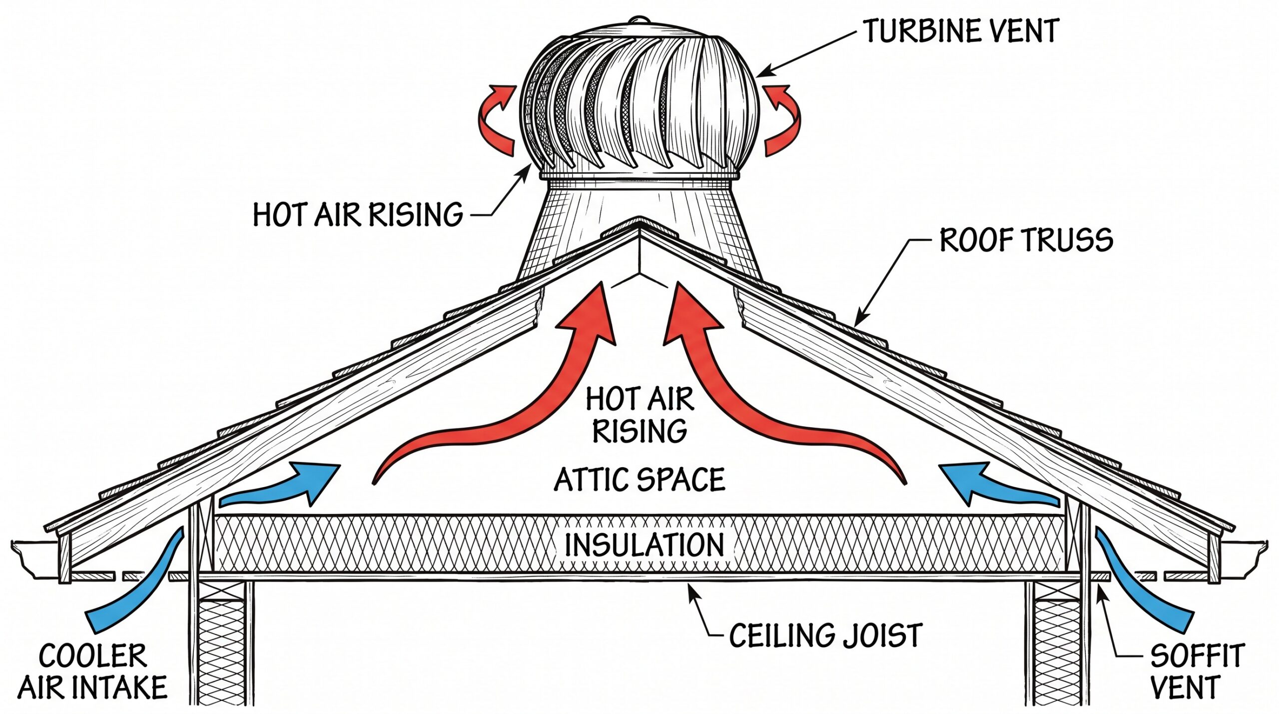 cross-section diagram showing hot air flow through turbine vent from attic