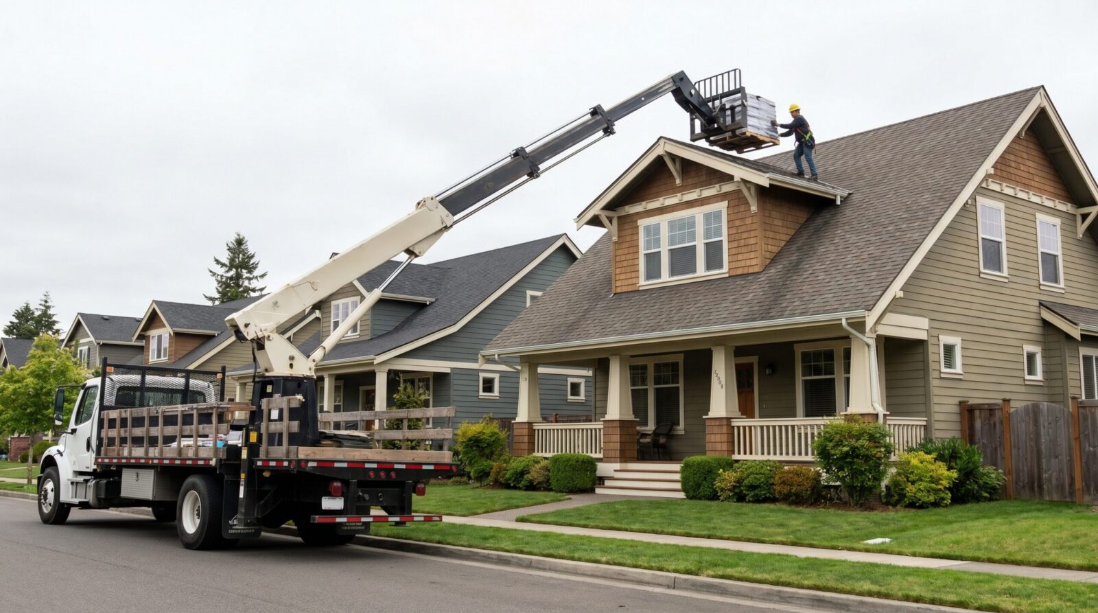 Delivery truck with boom lift placing roofing materials on residential roof