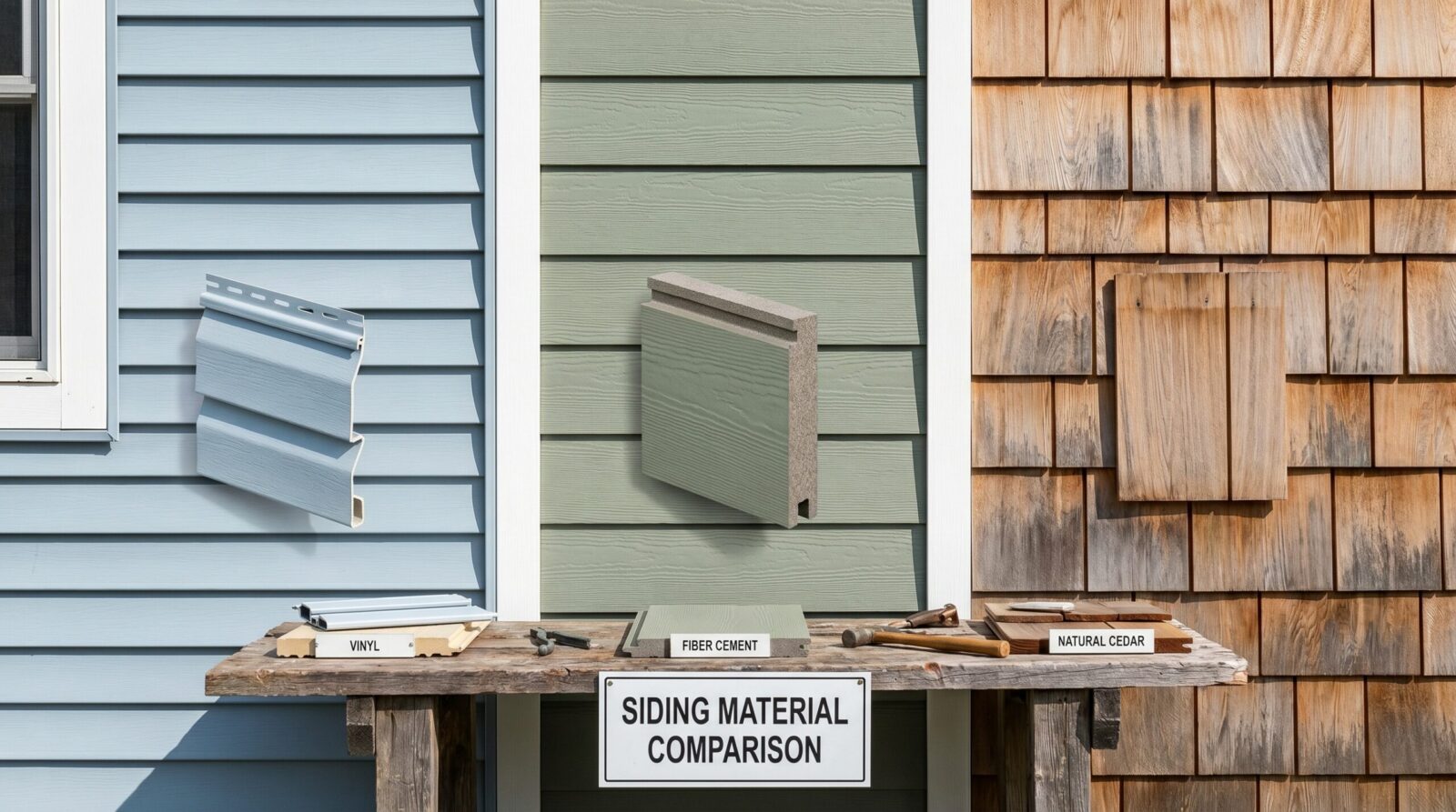 Different siding materials comparison - vinyl, fiber cement, and wood