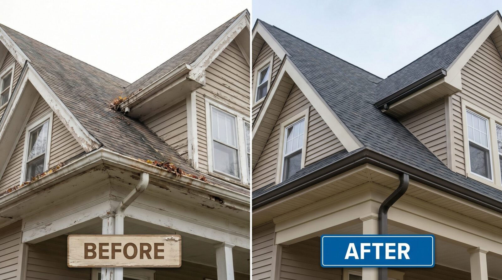 Before and after comparison showing old sagging gutters versus new seamless gutters on a home with a new roof