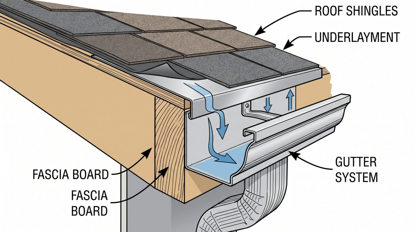 Close-up diagram showing roof edge components including drip edge, fascia board, and gutter system working together