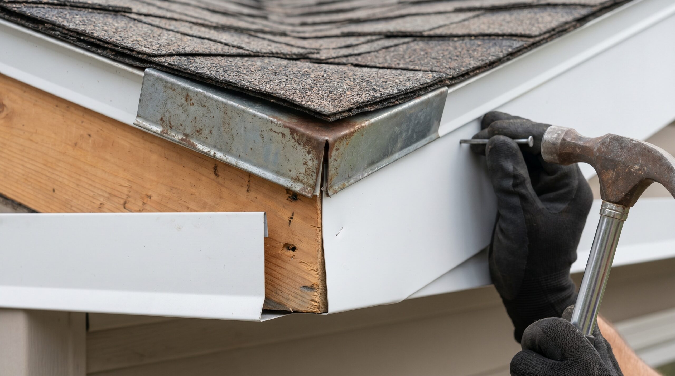 Close-up view of drip edge and fascia flashing installation at roof eave