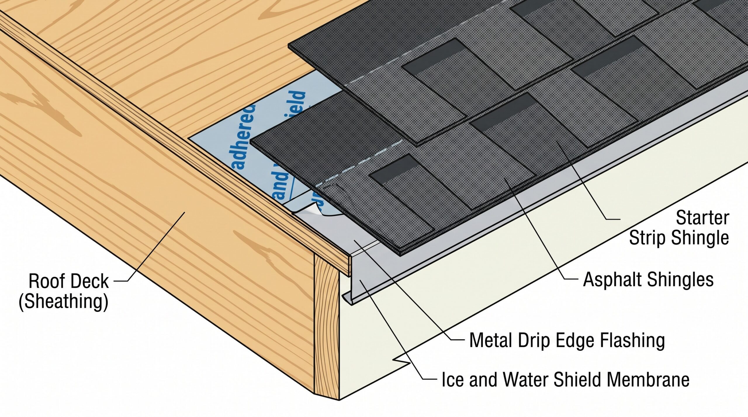 Cross-section diagram showing proper layering of drip edge, ice and water shield, and shingles at roof eave