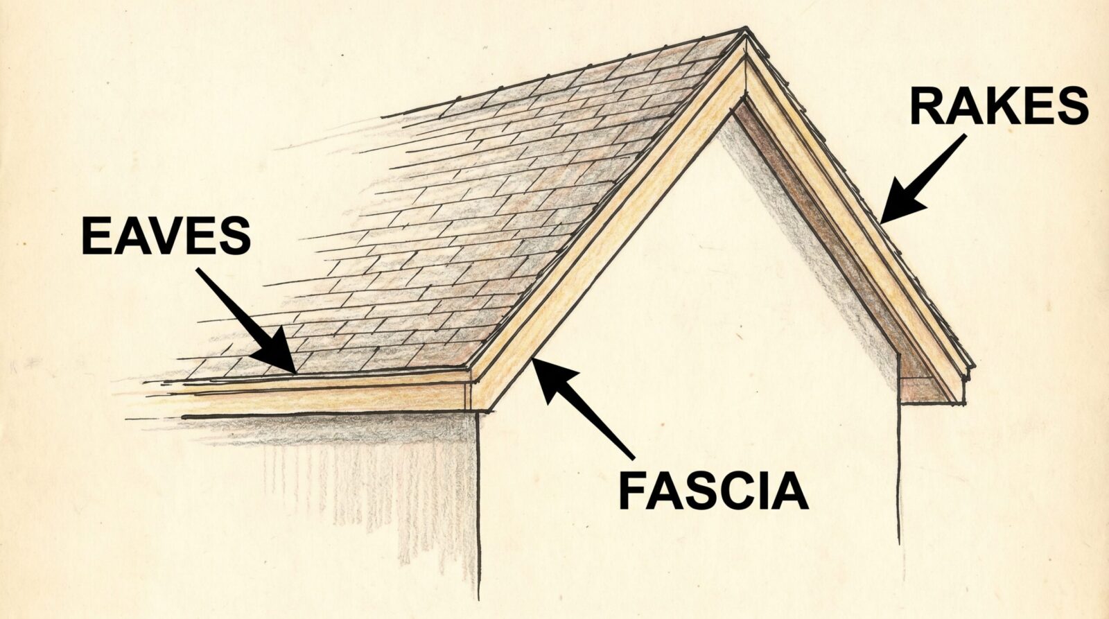 Roof diagram showing eaves vs rakes vs fascia labeled clearly