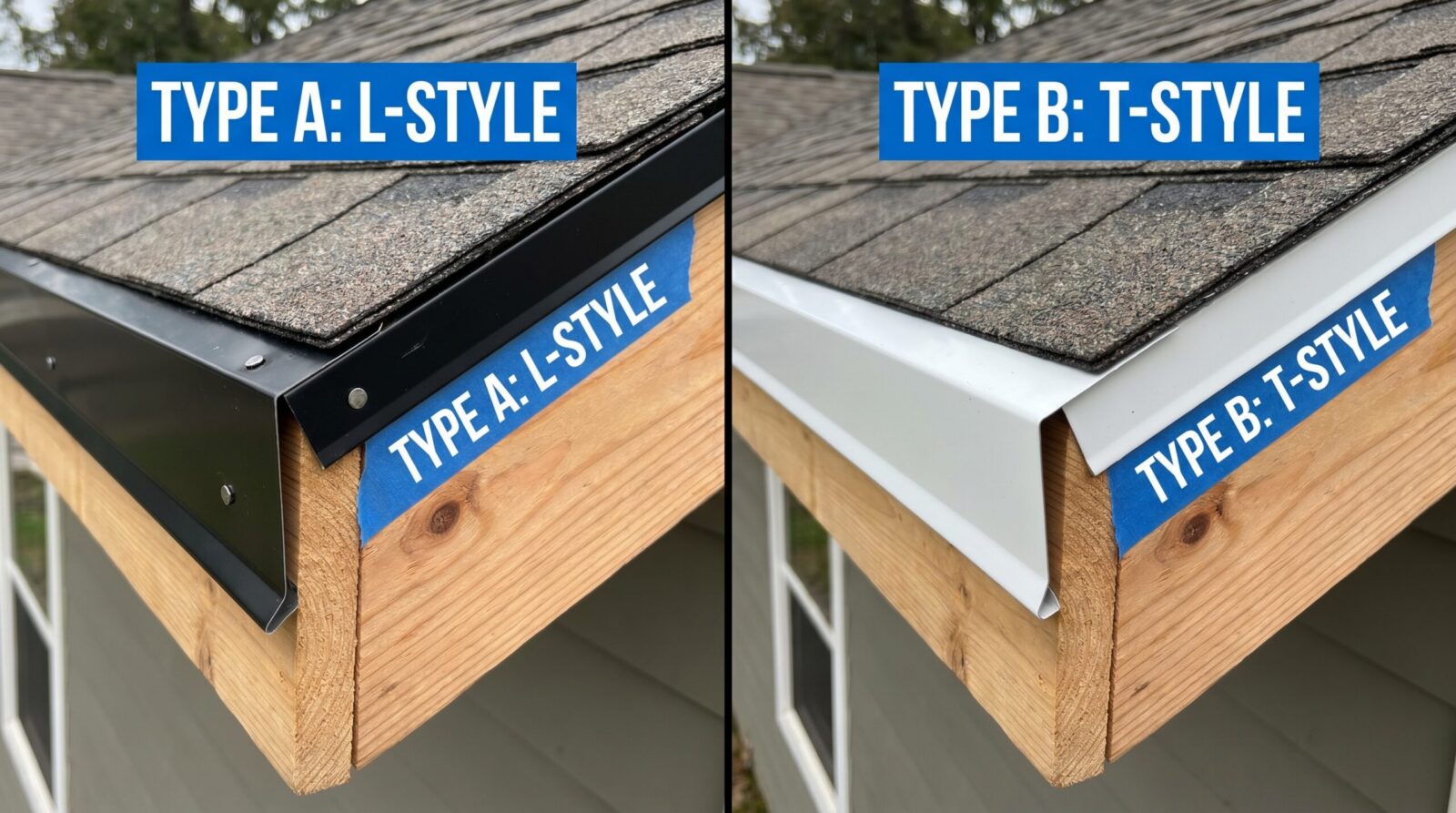 Comparison photo showing different drip edge types installed
