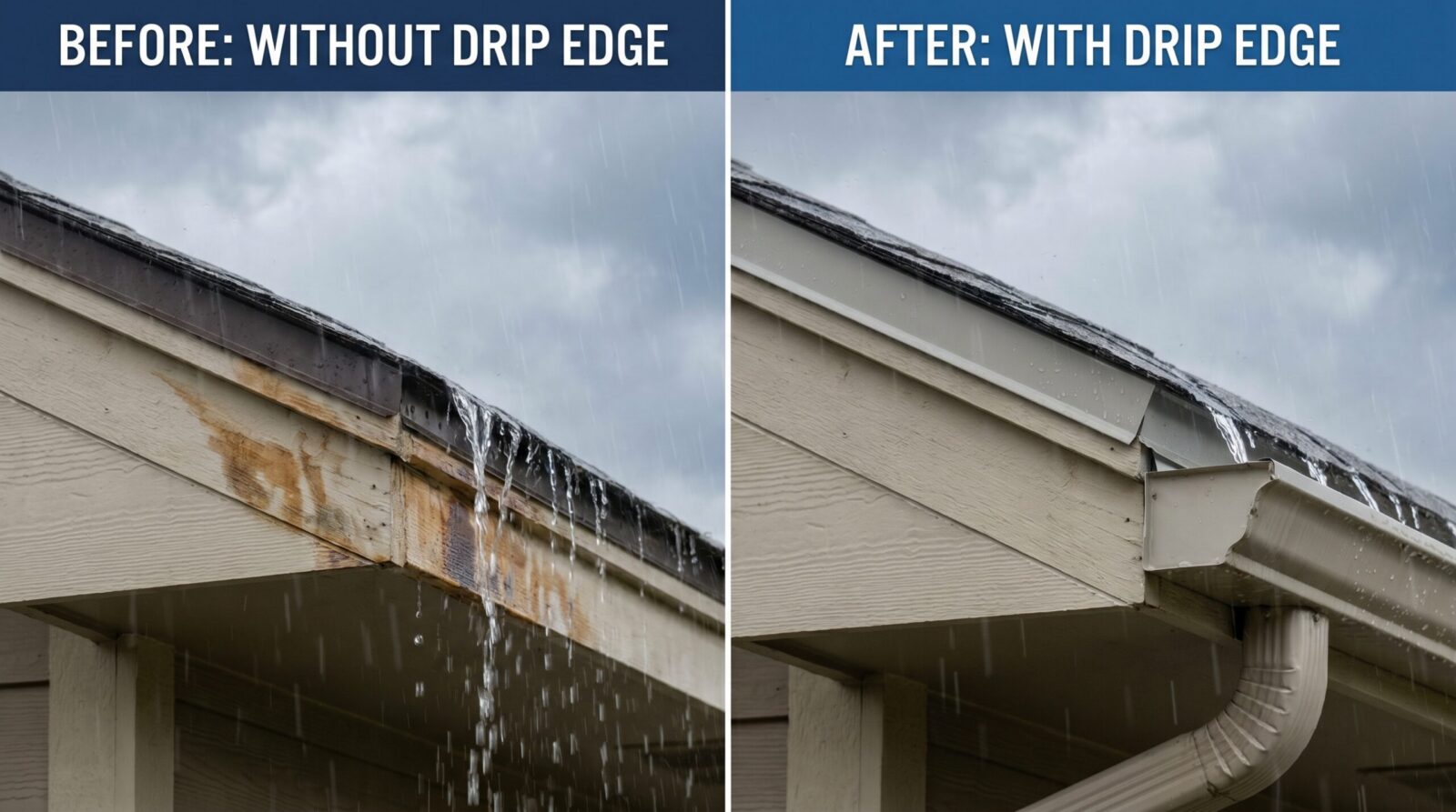 Before and after comparison showing water flow with and without drip edge installation