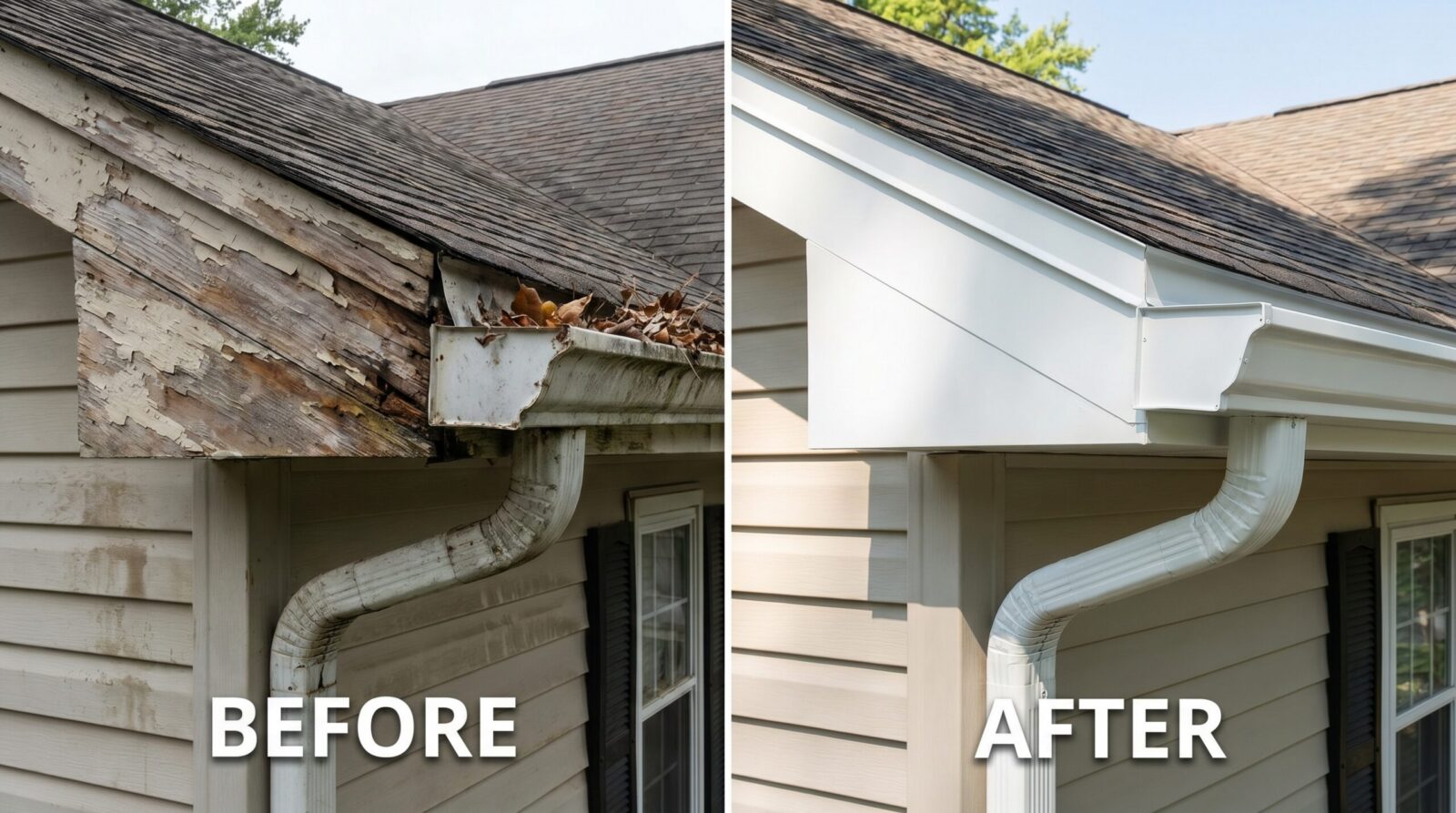 Before and after comparison showing damaged fascia versus properly maintained fascia with clean gutters