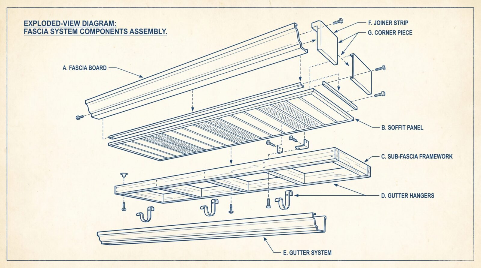 Exploded view diagram of fascia system components showing how each part connects