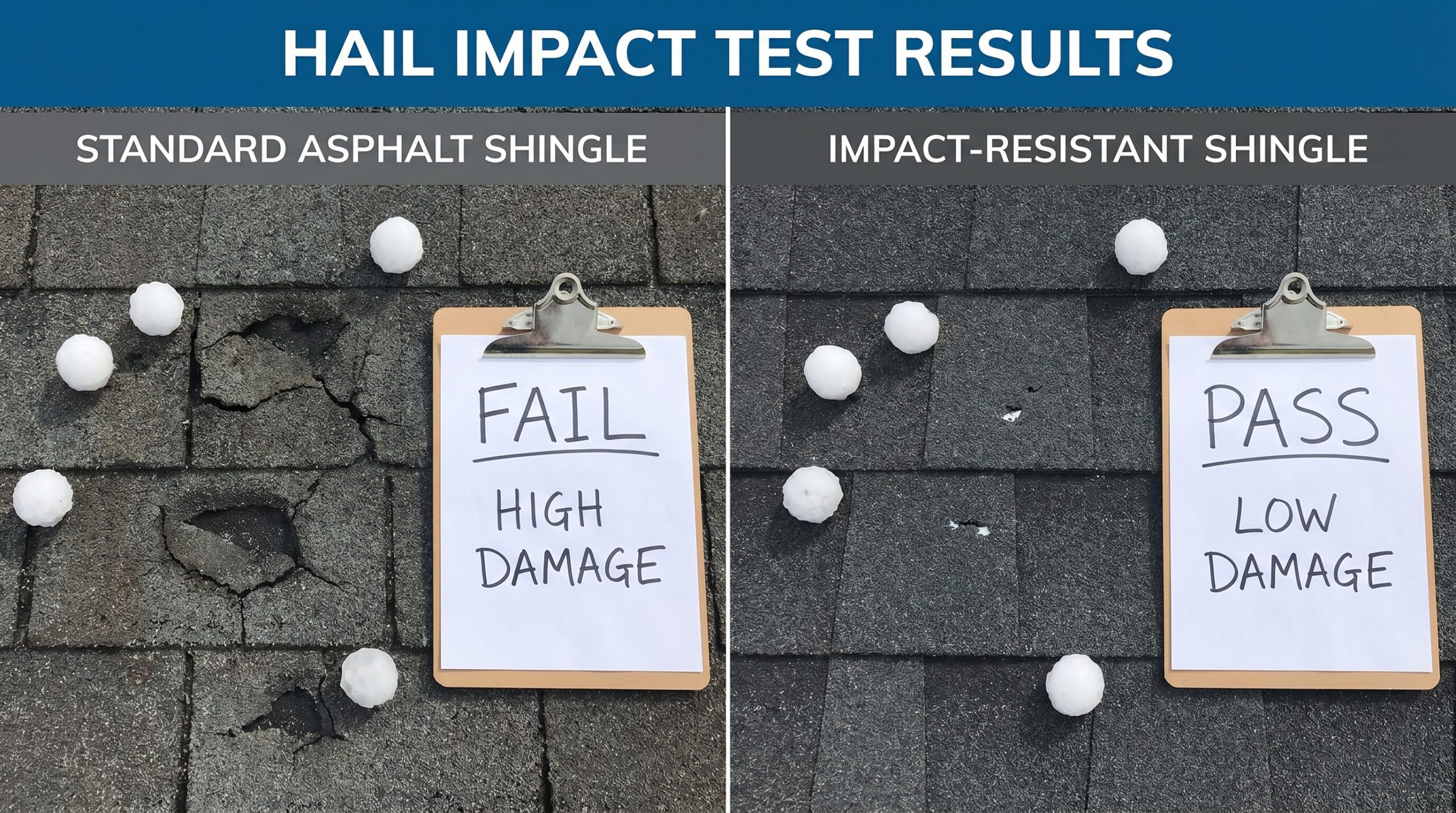 Split image showing hail impact test results on both shingle types with damage comparison