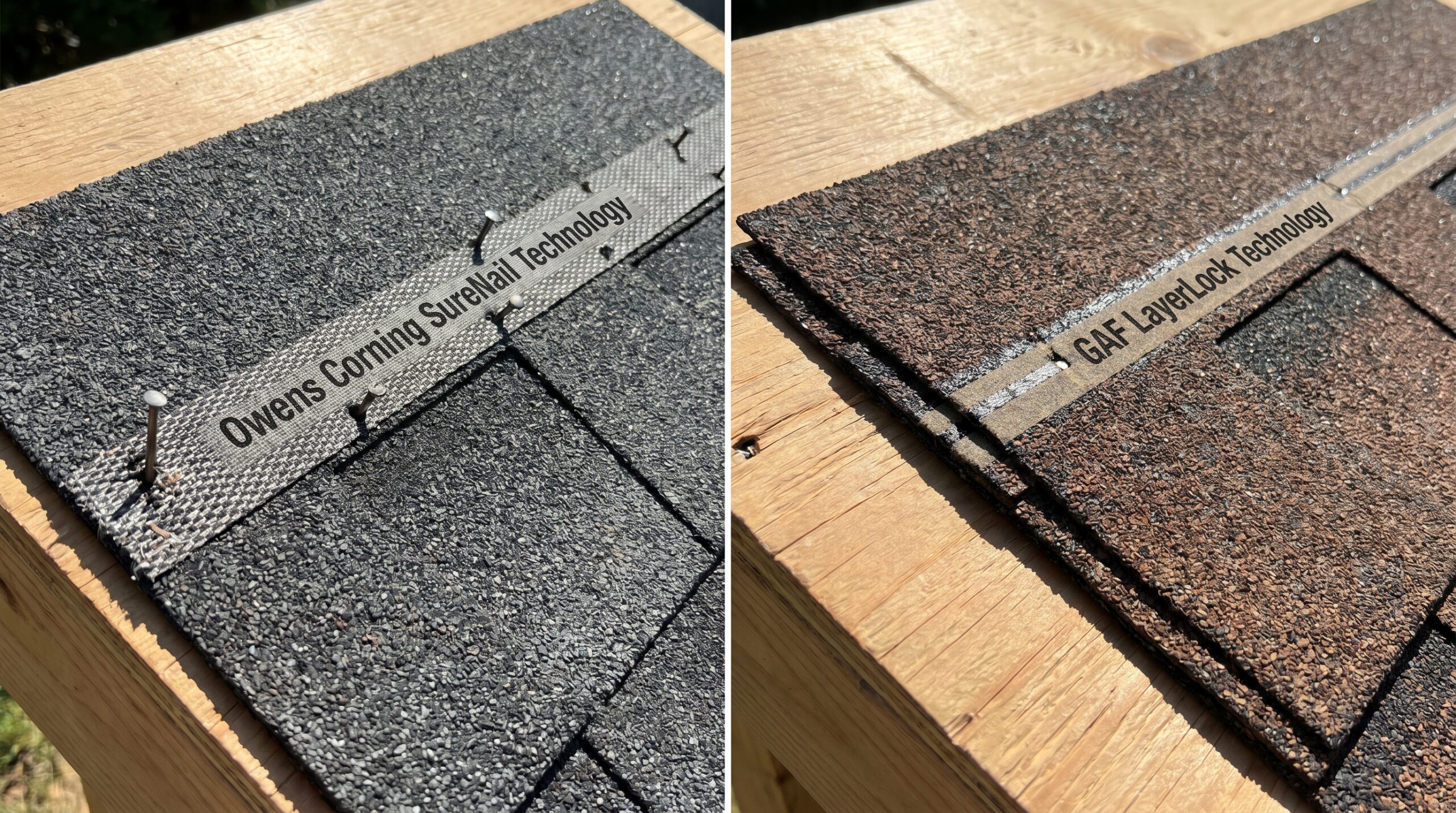 Close-up comparison showing SureNail strip on Owens Corning shingle versus LayerLock technology on GAF shingle