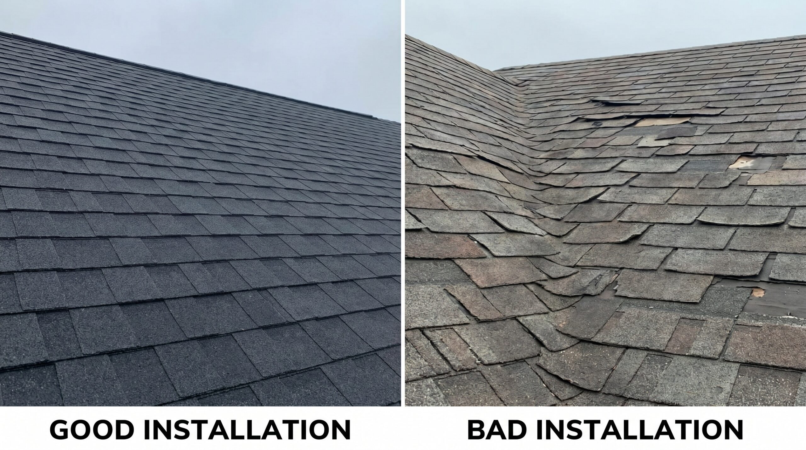 Close-up comparison of good vs bad roof installation showing proper shingle alignment