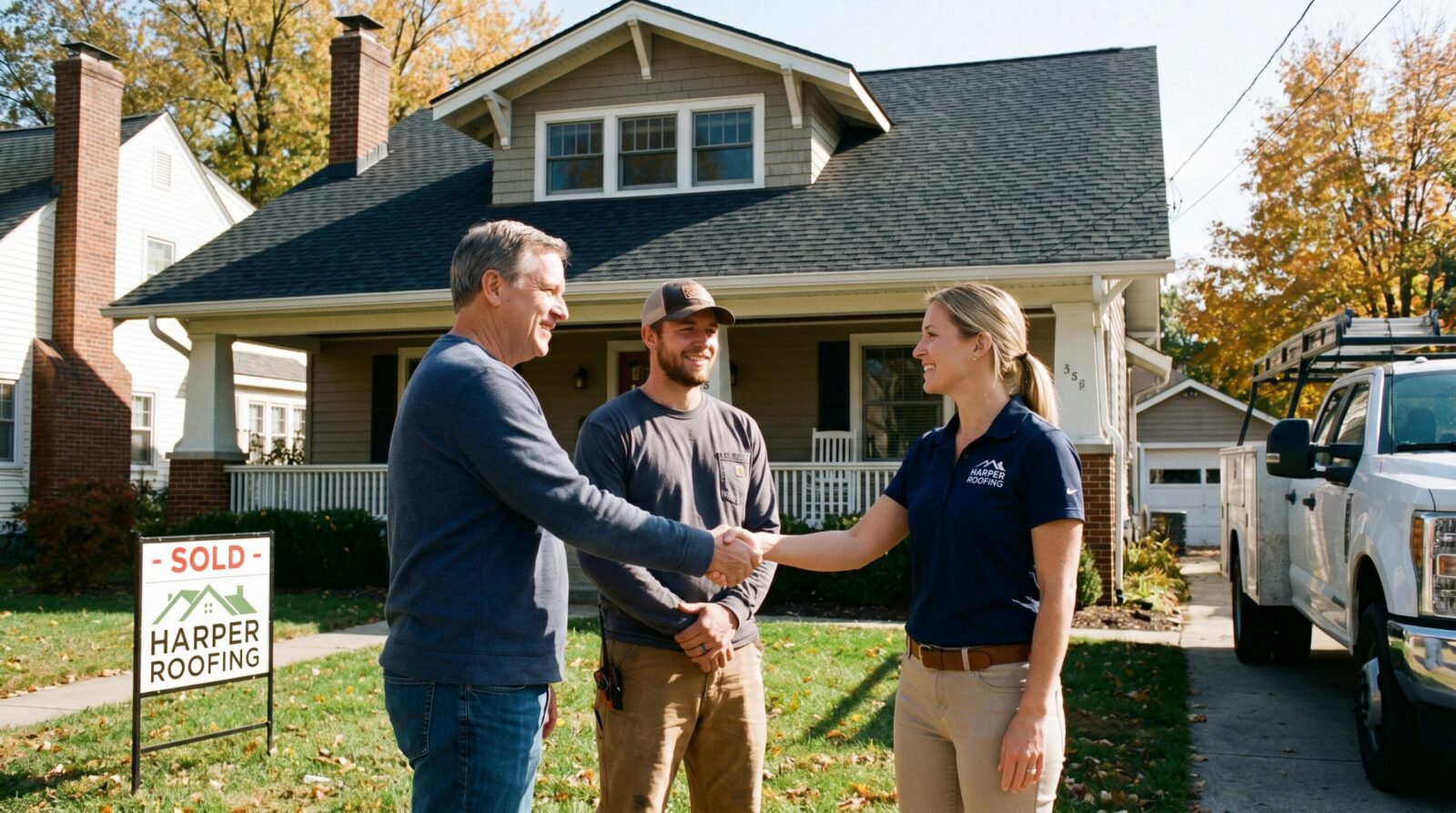 homeowner shaking hands with roofing contractor in front of house with new roof