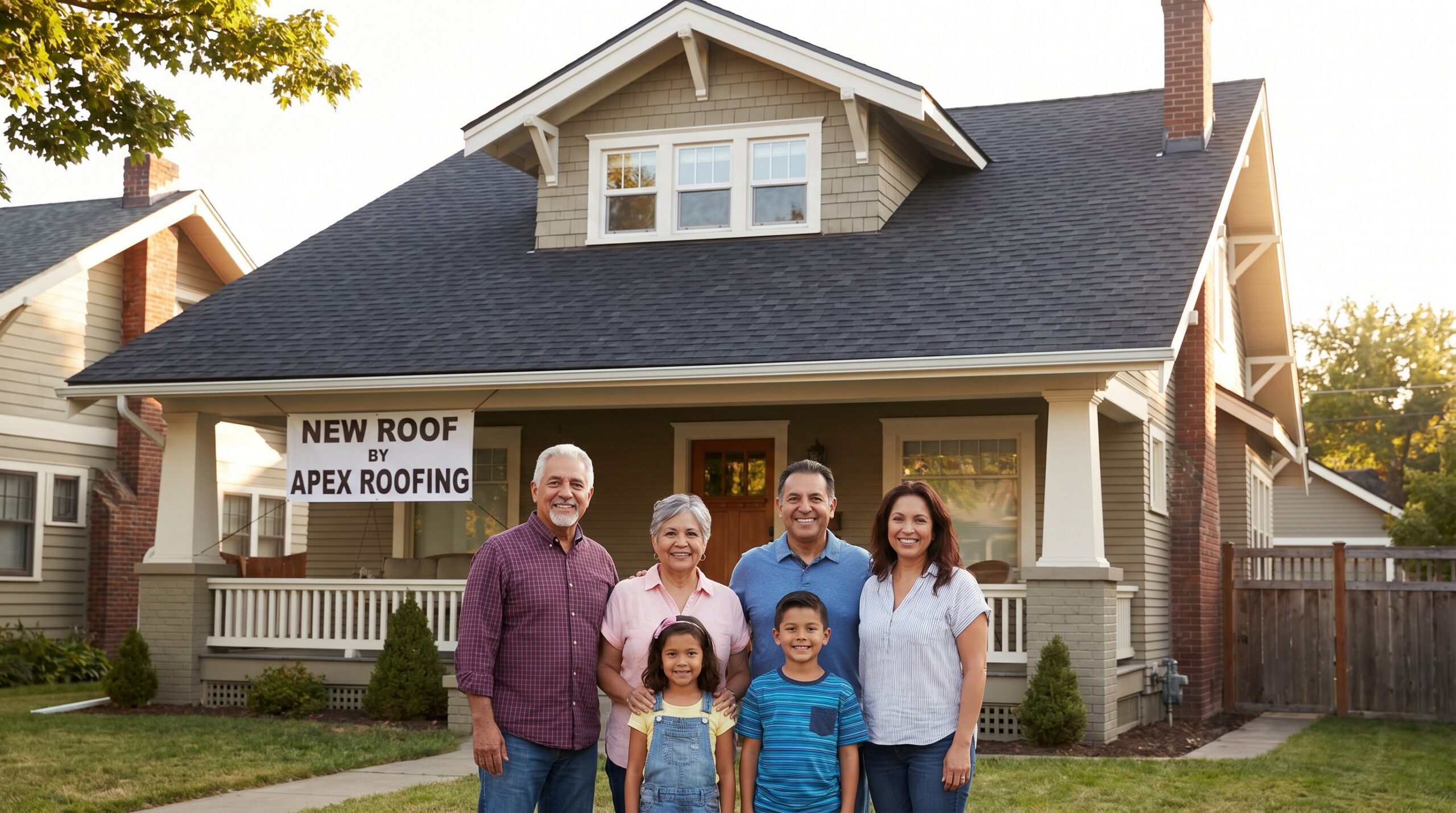 Happy family in front of home with new roof