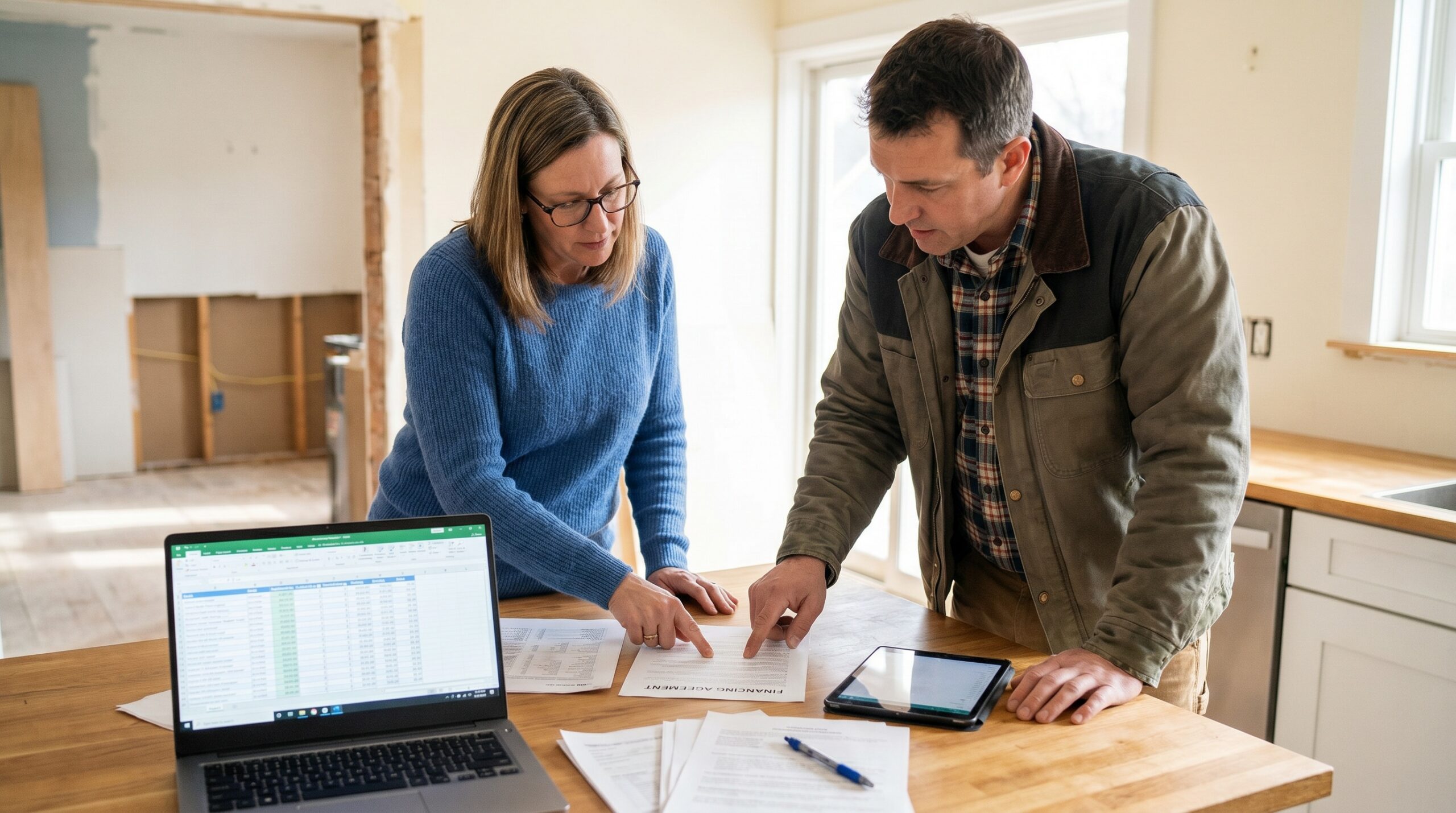 Homeowner reviewing financing documents with contractor