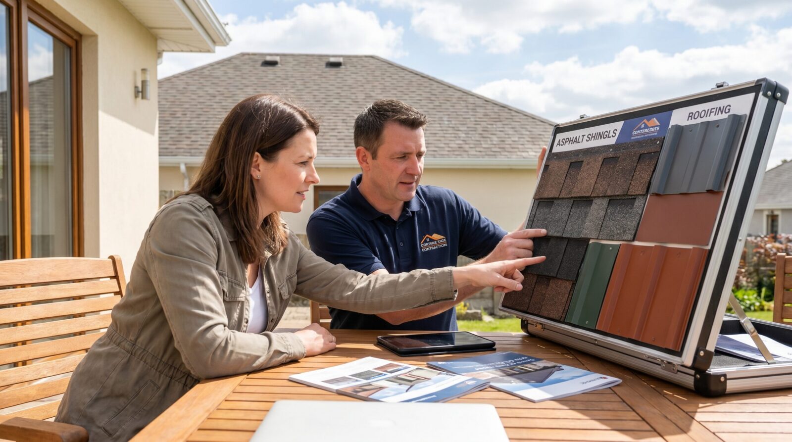 homeowner reviewing roofing options with contractor showing material samples