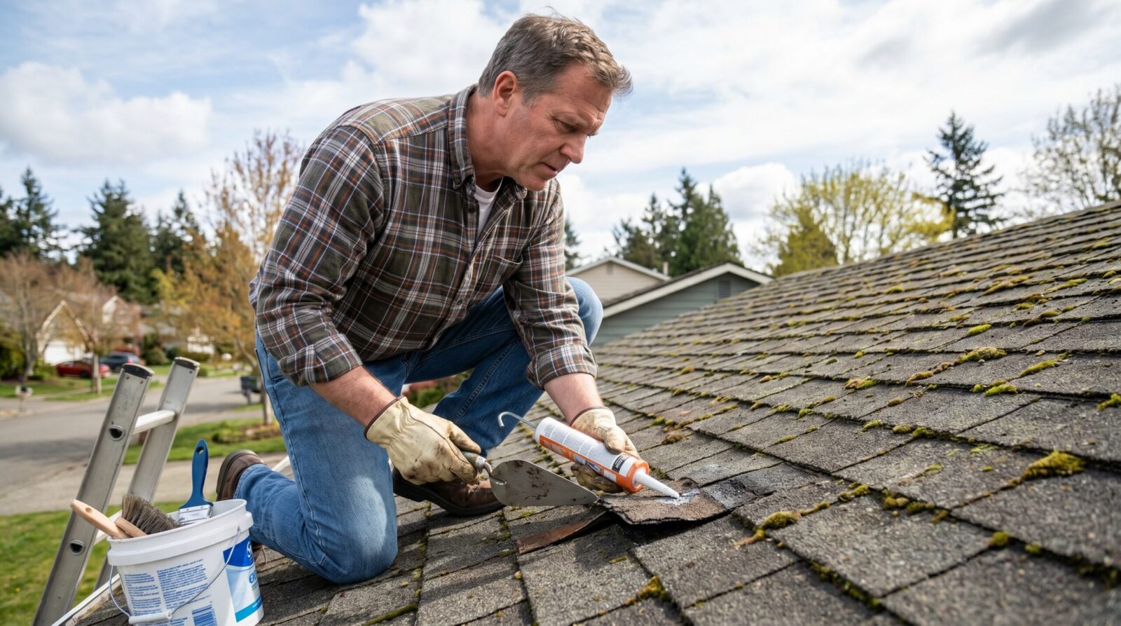 homeowner inspecting composition roof showing maintenance activities