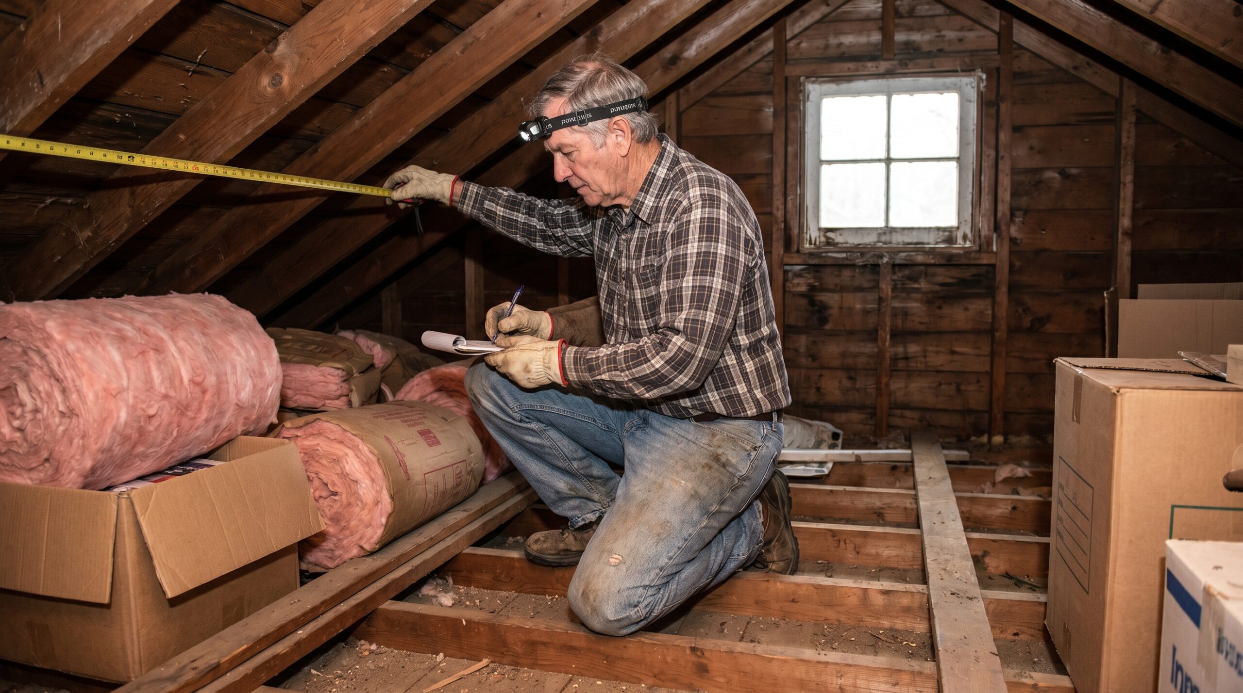 Homeowner measuring attic space for ventilation calculation