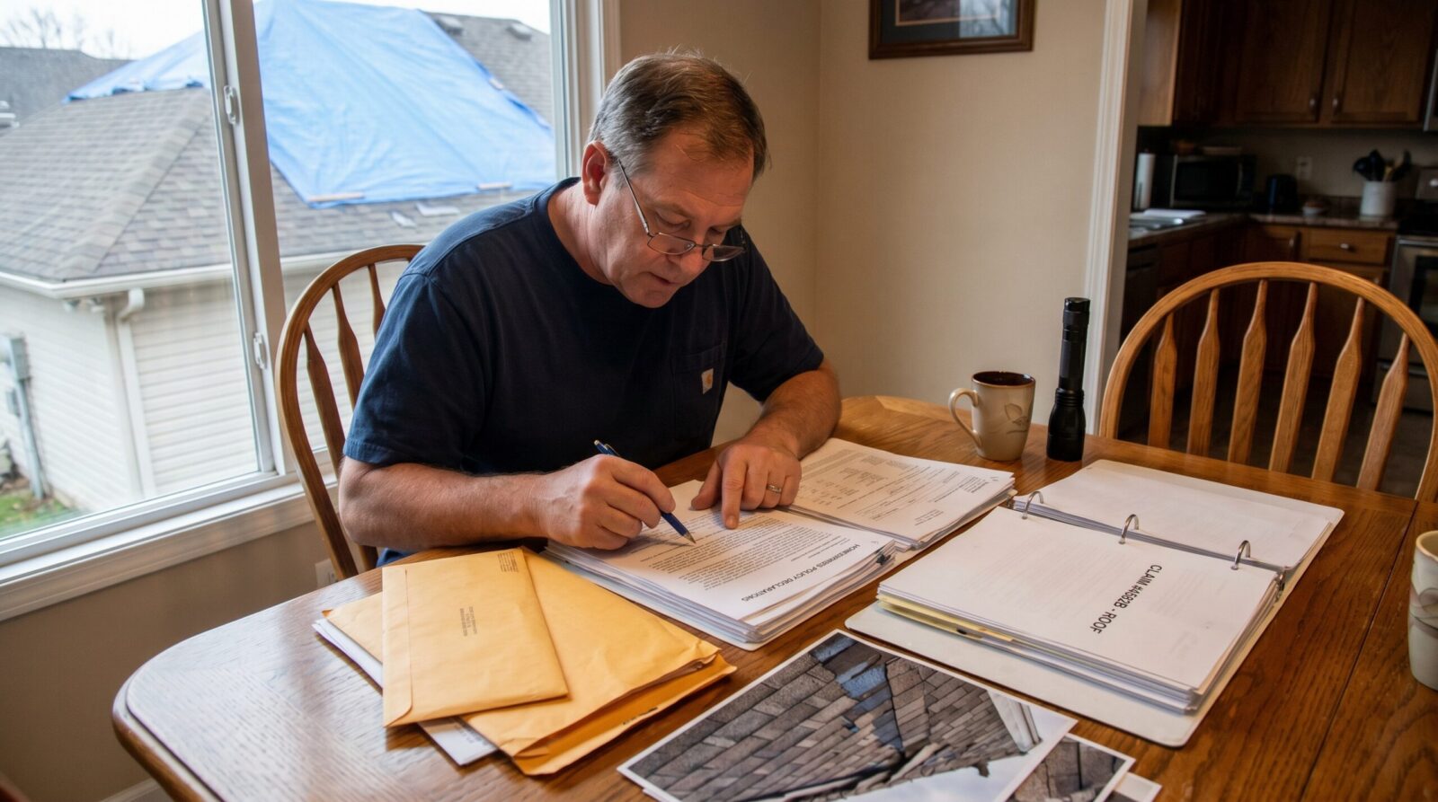 Homeowner reviewing insurance policy documents for roof damage claim