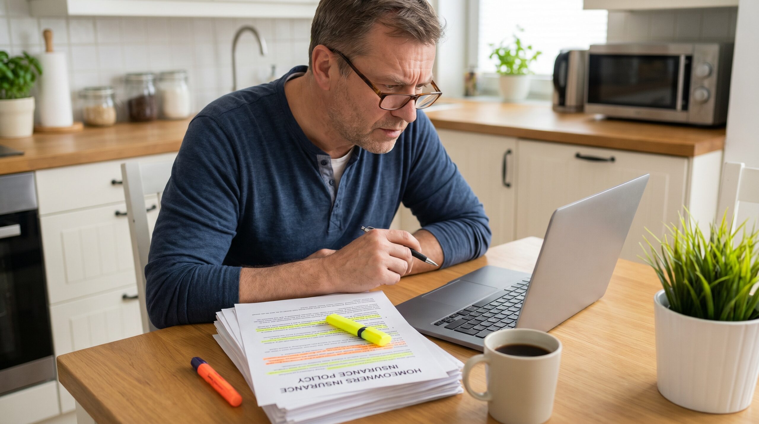homeowner reviewing insurance policy documents with highlighted sections