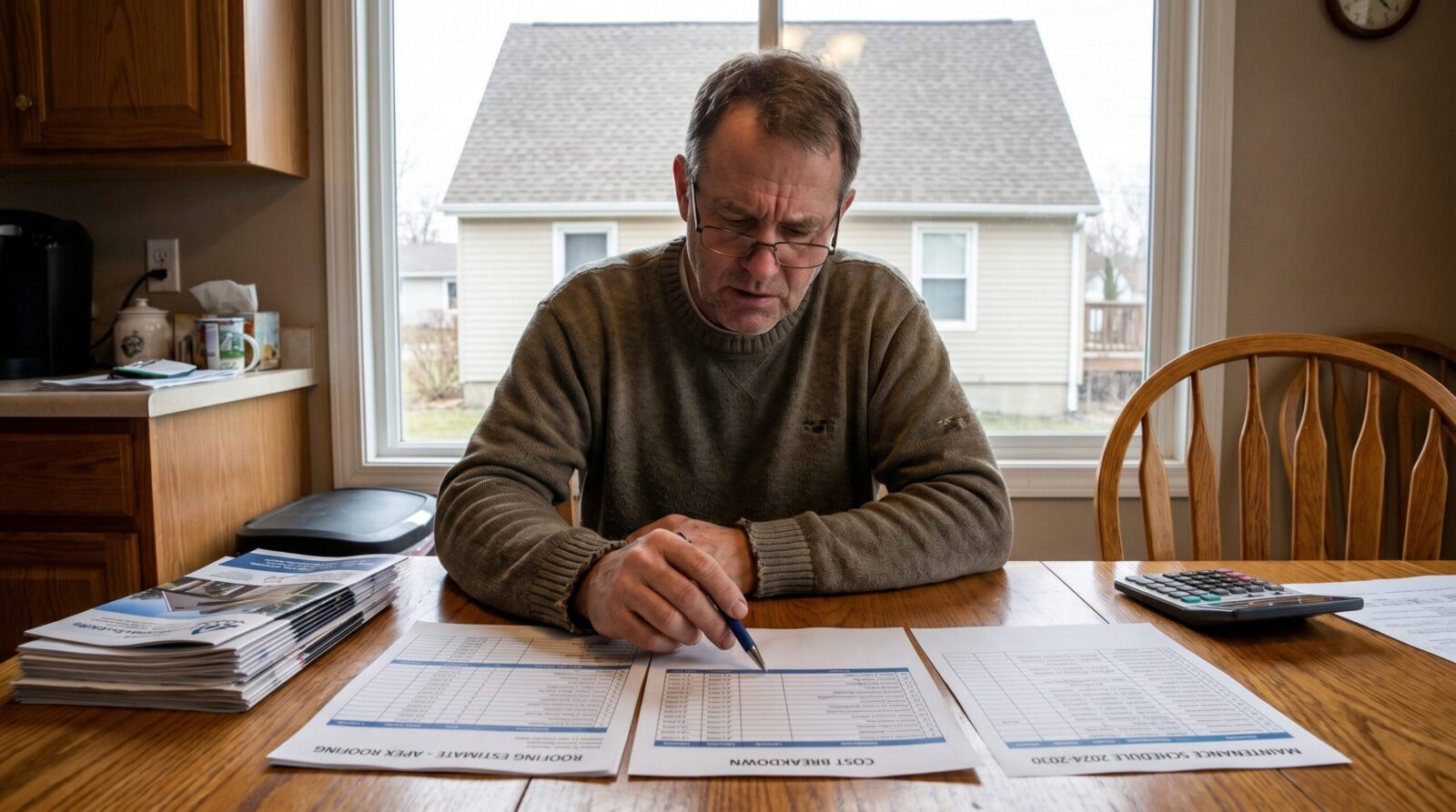 homeowner reviewing roofing cost estimates and maintenance schedules