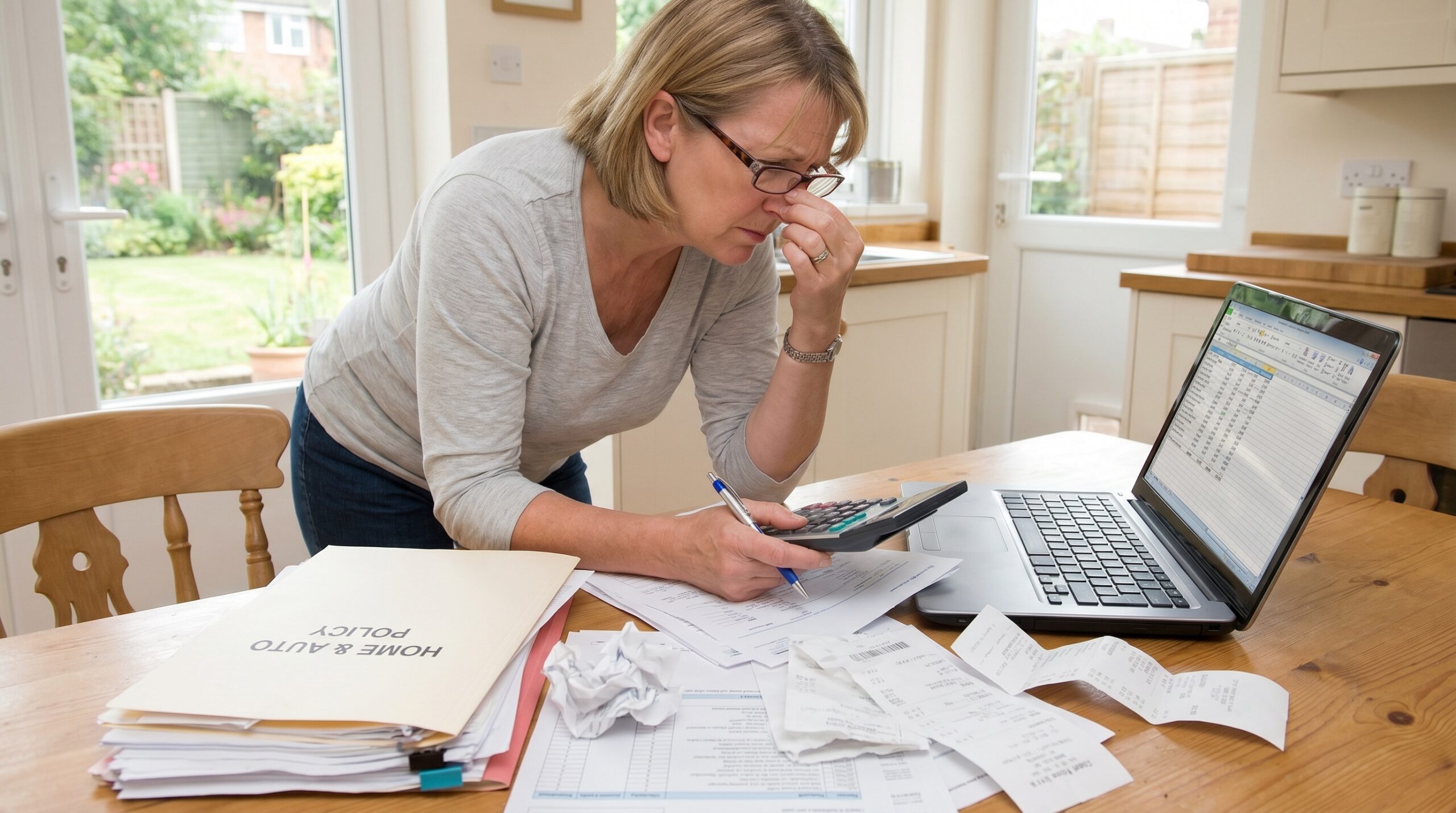 homeowner reviewing insurance paperwork and receipts at kitchen table