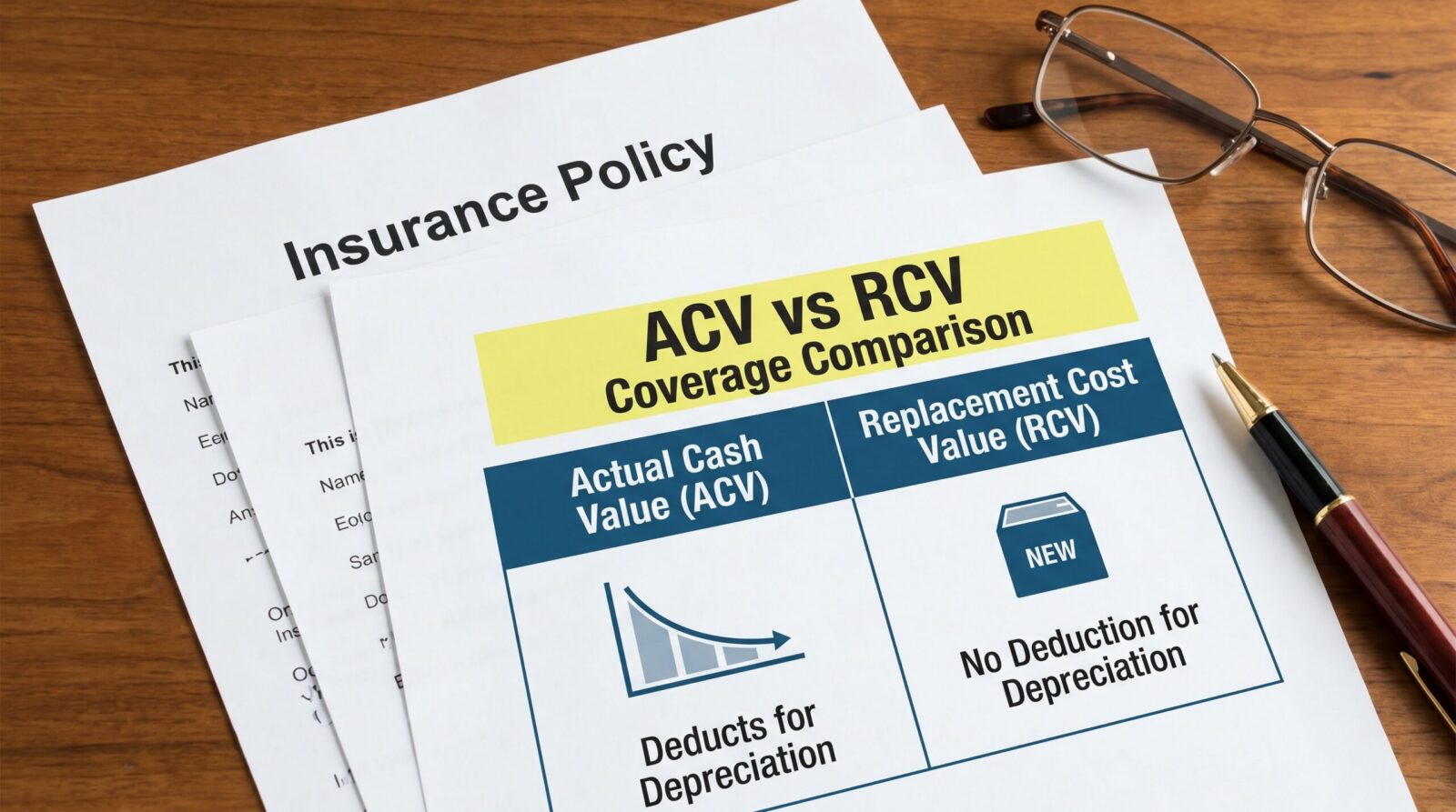 insurance policy documents showing ACV vs RCV coverage comparison