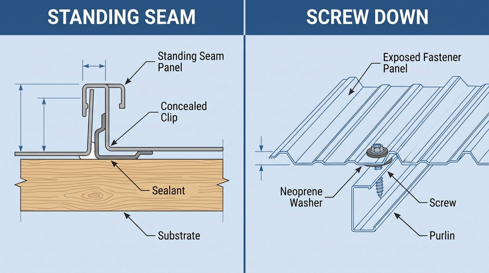 Side-by-side comparison showing standing seam versus screw-down metal roofing installation details